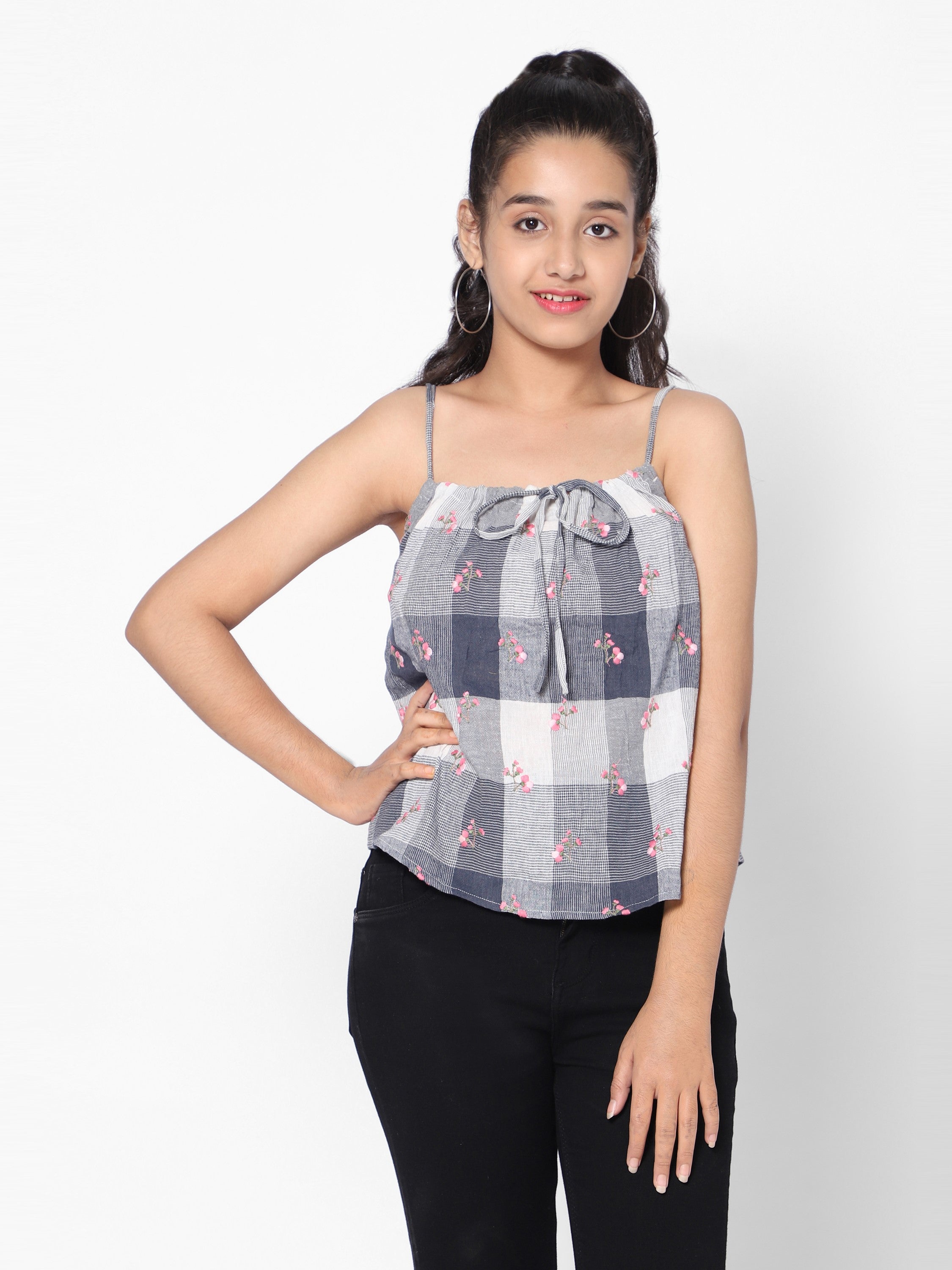 Girls Check with Floral Embroidery Top-Blue