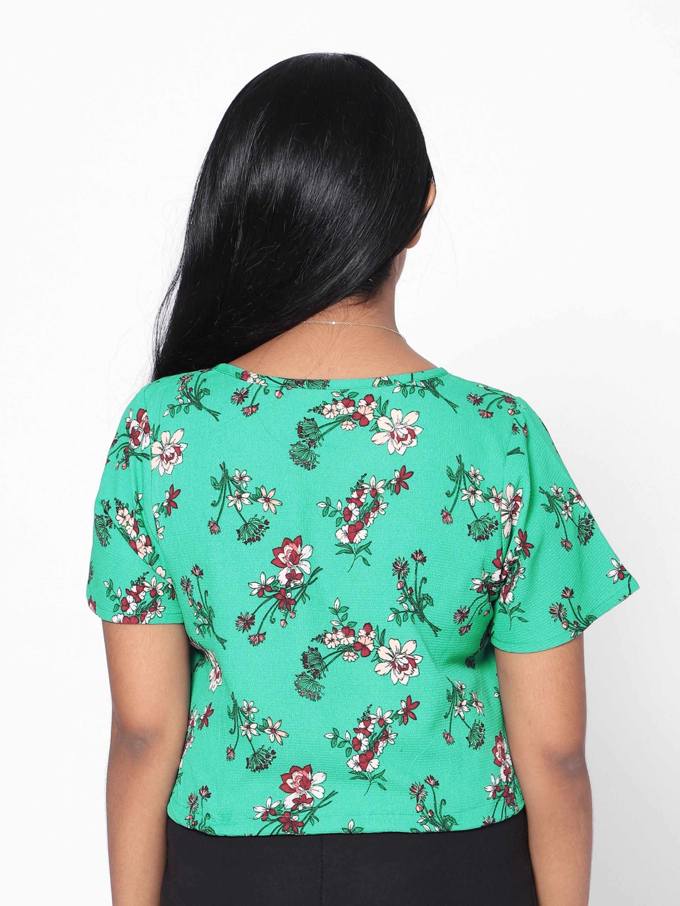 Girls Tie Up Crop Top- Green Floral Printed Western Casual Short Top