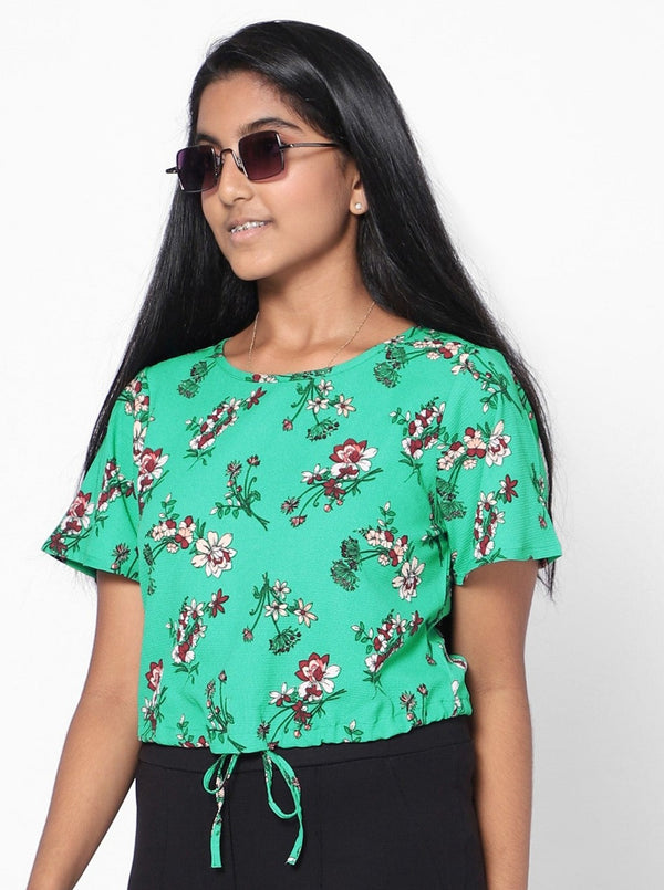 Girls Tie Up Crop Top- Green Floral Printed Western Casual Party Short Top