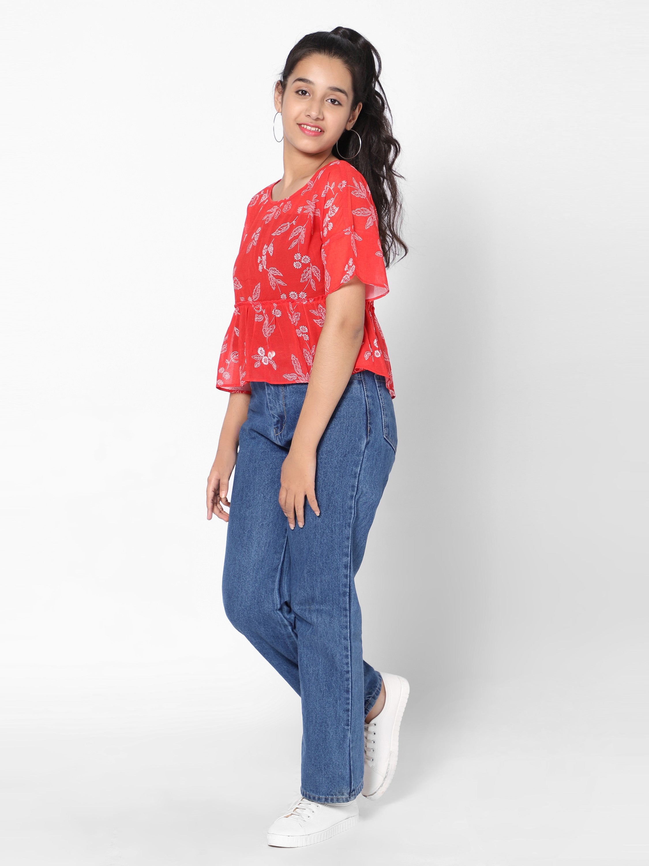 Girls Frill Crop Top- Red Floral Printed