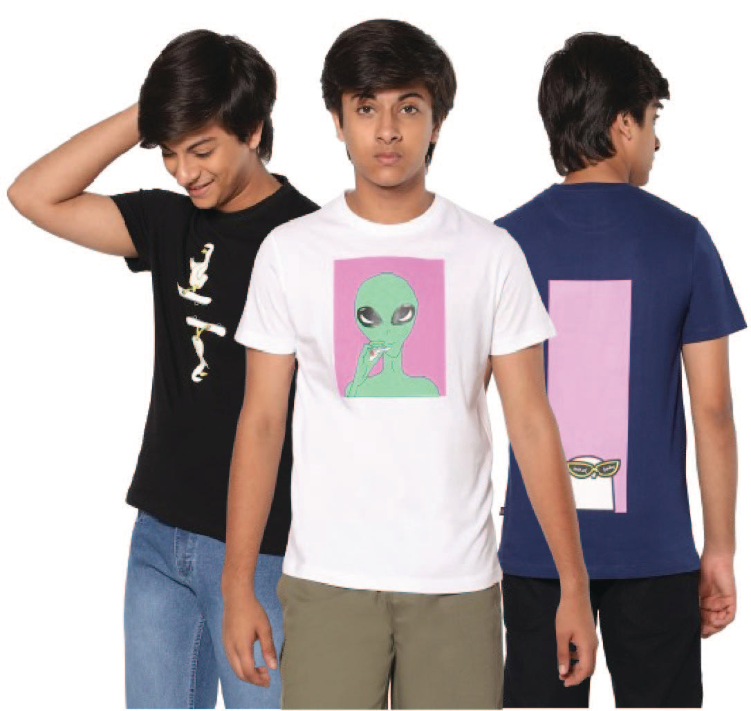 TeenTrums Pack of 3 100% Cotton Cool Graphic Printed T-Shirt for Boys - Black/ White / Navy