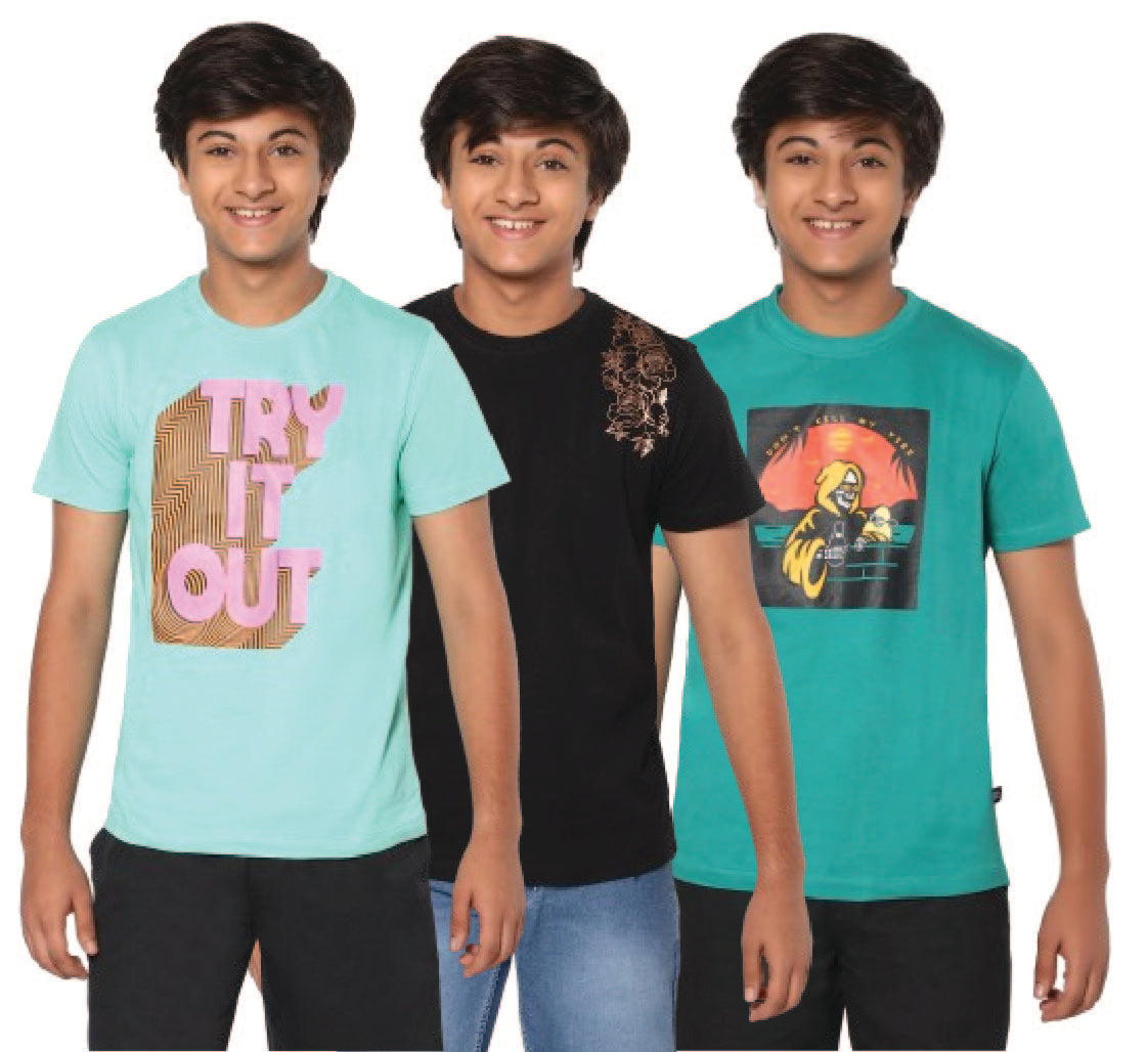 TeenTrums Pack of 3 100% Cotton Cool Graphic Printed T-Shirt for Boys - Light Teal/ Royal Black /Dark Teal