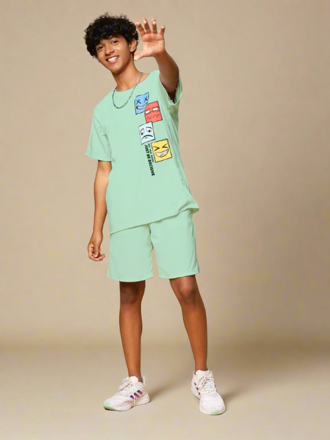 TeenTrums Boys Graphic Tshirt and Shorts Co-Ord Set (set of 2)-Mint