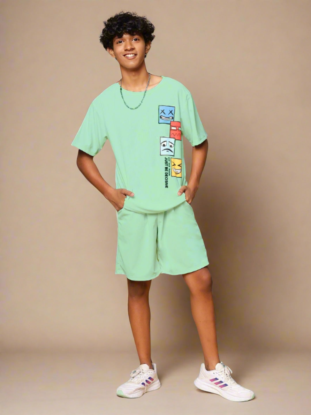 TeenTrums Boys Graphic Tshirt and Shorts Co-Ord Set (set of 2)-Mint