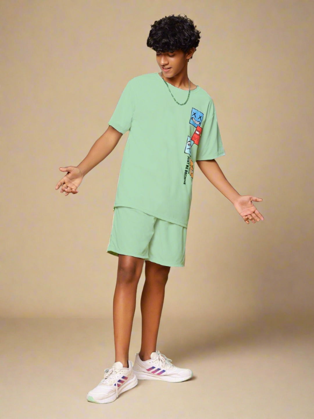 TeenTrums Boys Graphic Tshirt and Shorts Co-Ord Set (set of 2)-Mint