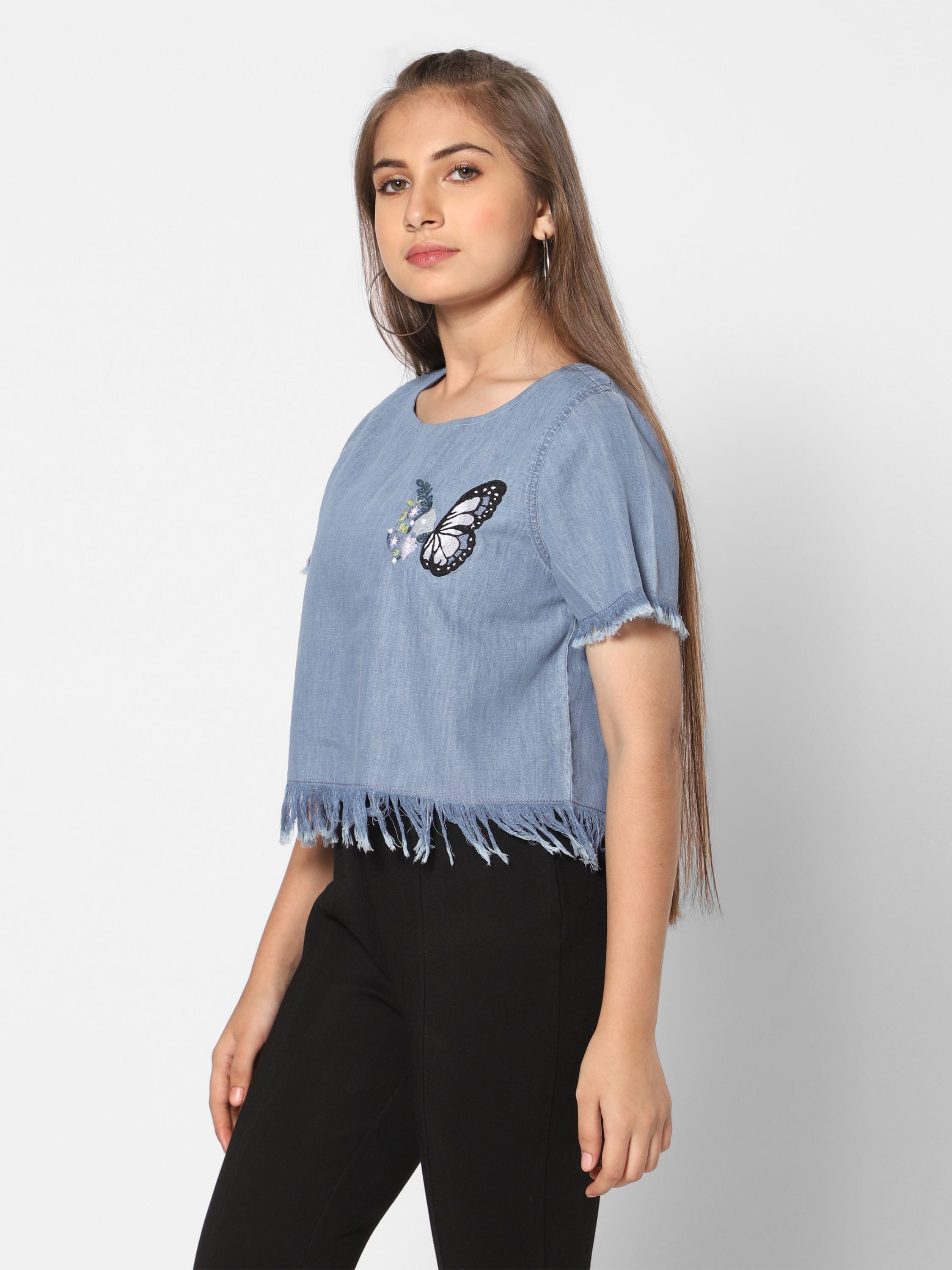 TeenTrums Girls Denim Woven Top with Butterfly Embroidery-Blue