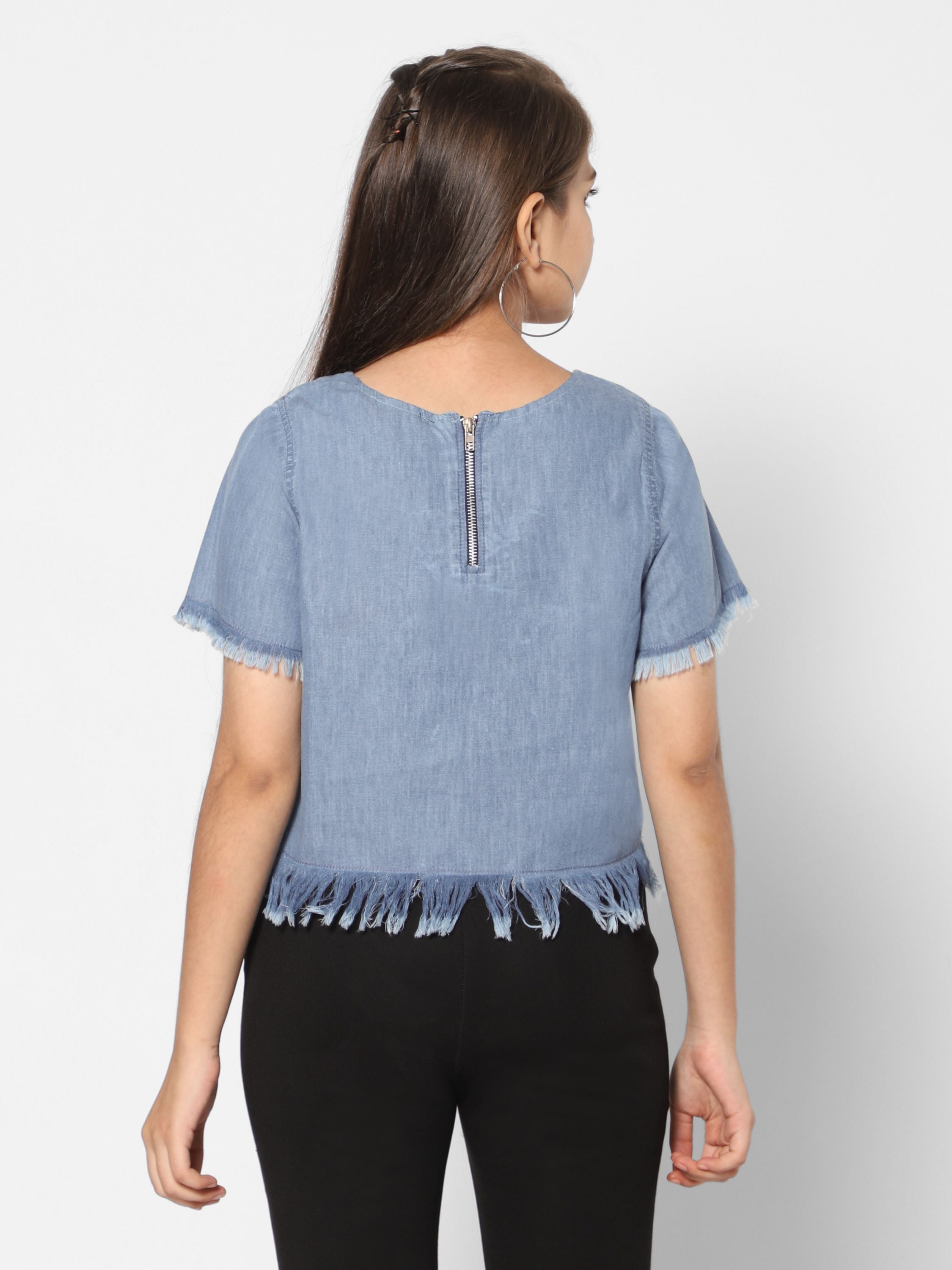 Butterfly Embroidery Top-Denim