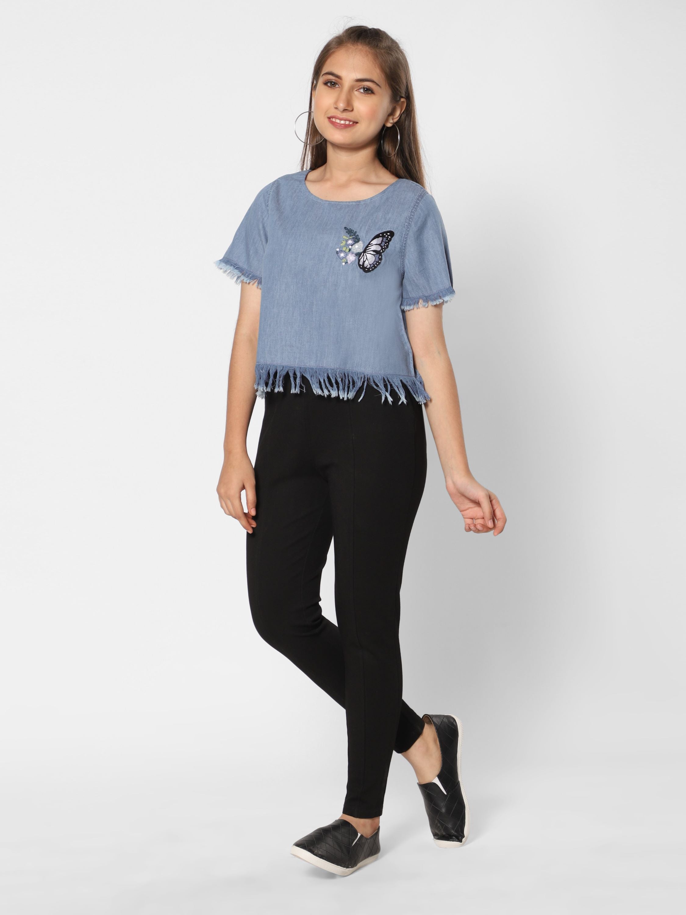 Butterfly Embroidery Top-Denim