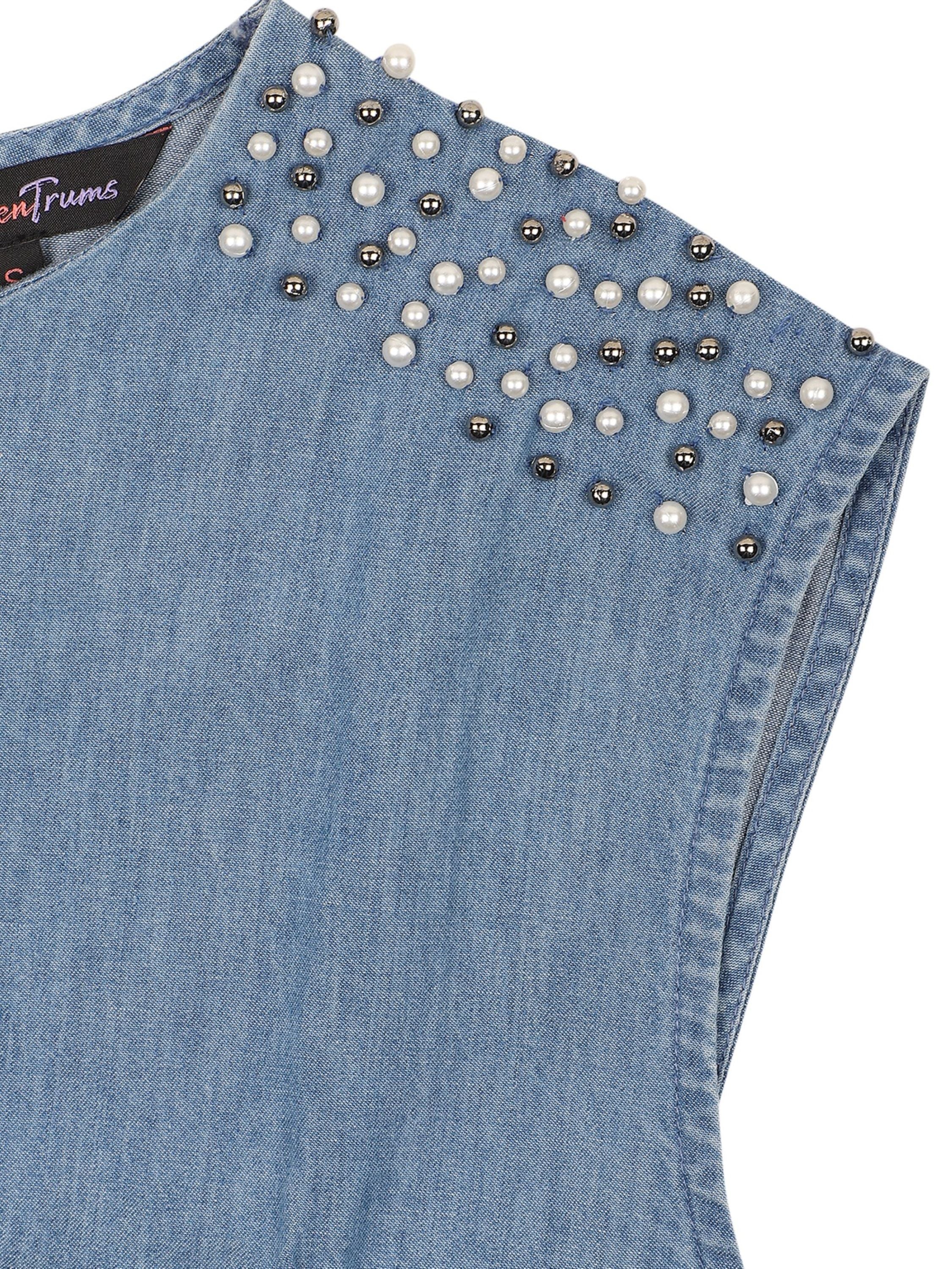 Denim Top with Stud & Pearl-Blue