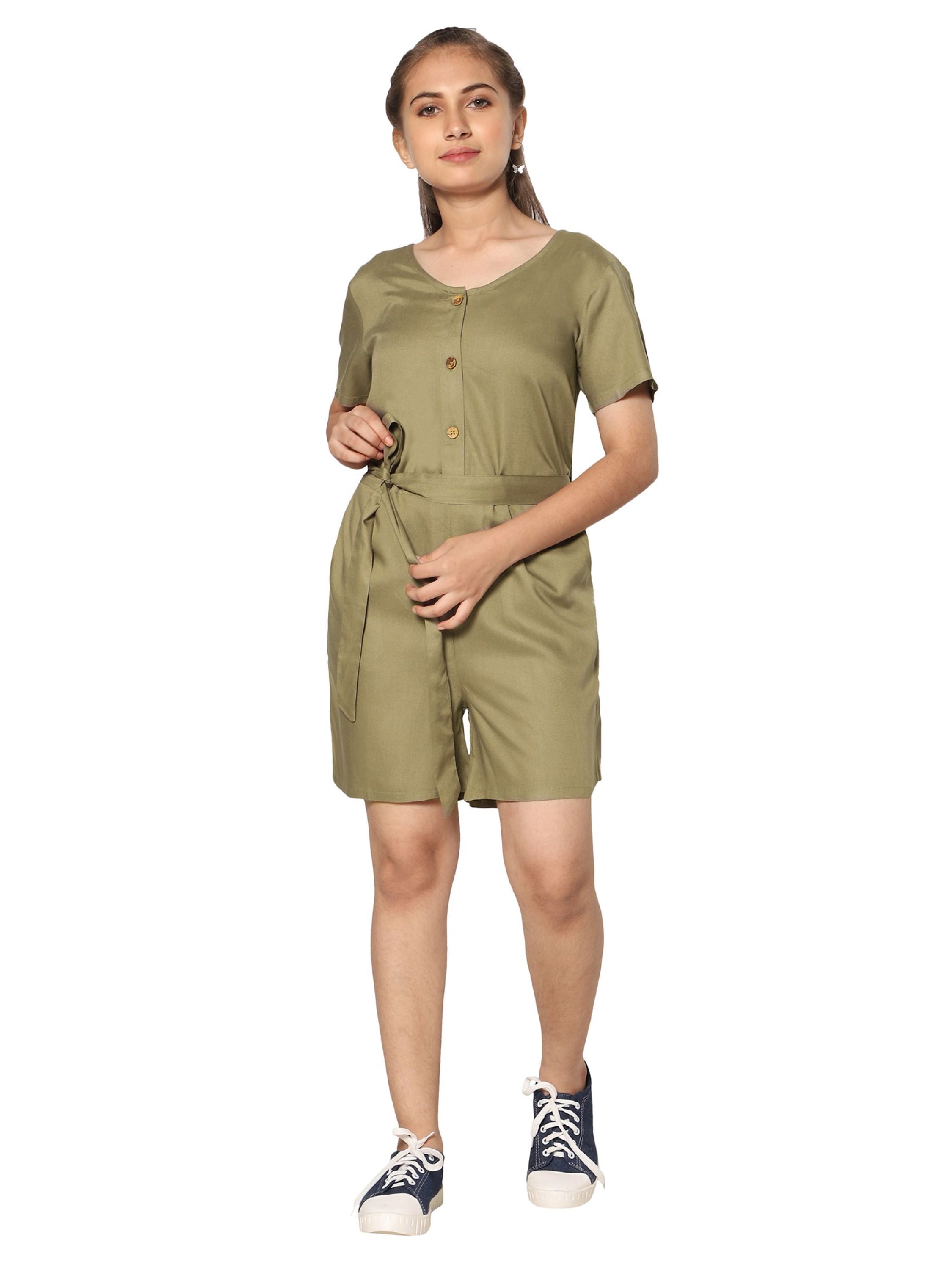 TeenTrums Girls Rayon Play Suit-Olive