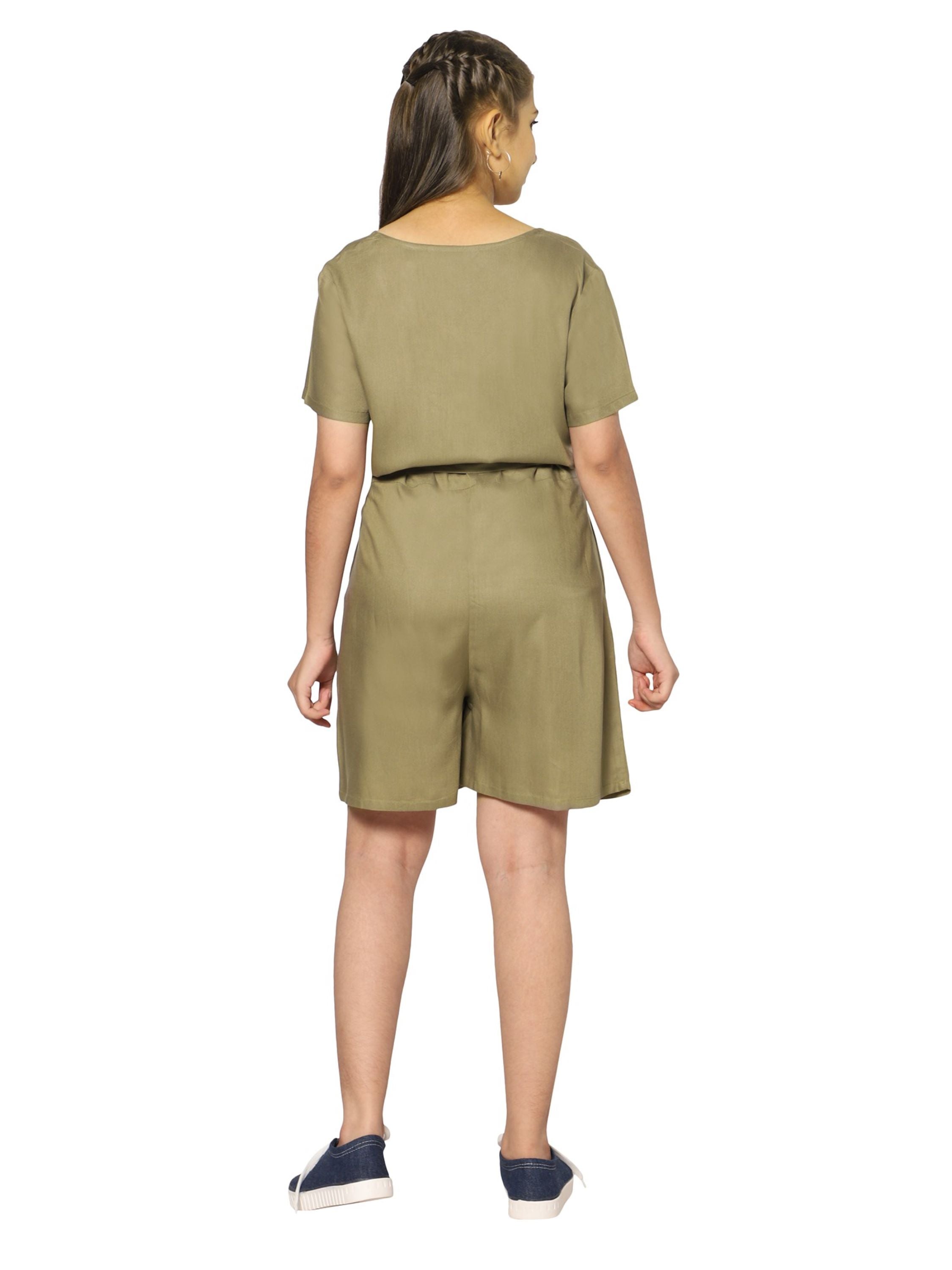 TeenTrums Girls Rayon Play Suit-Olive