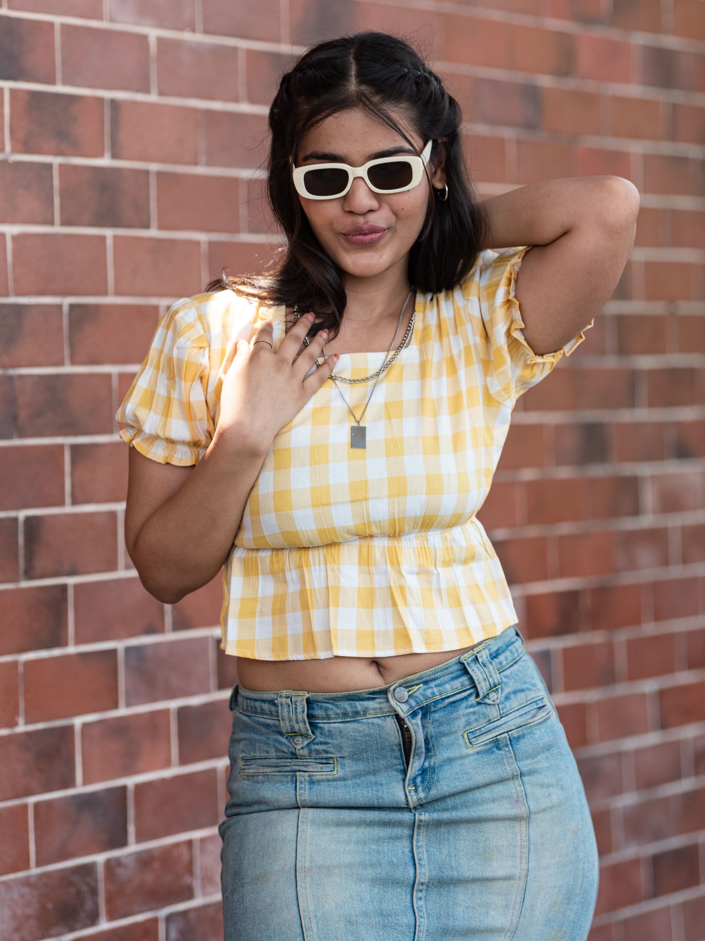 Ghingham Crop Top-Yellow