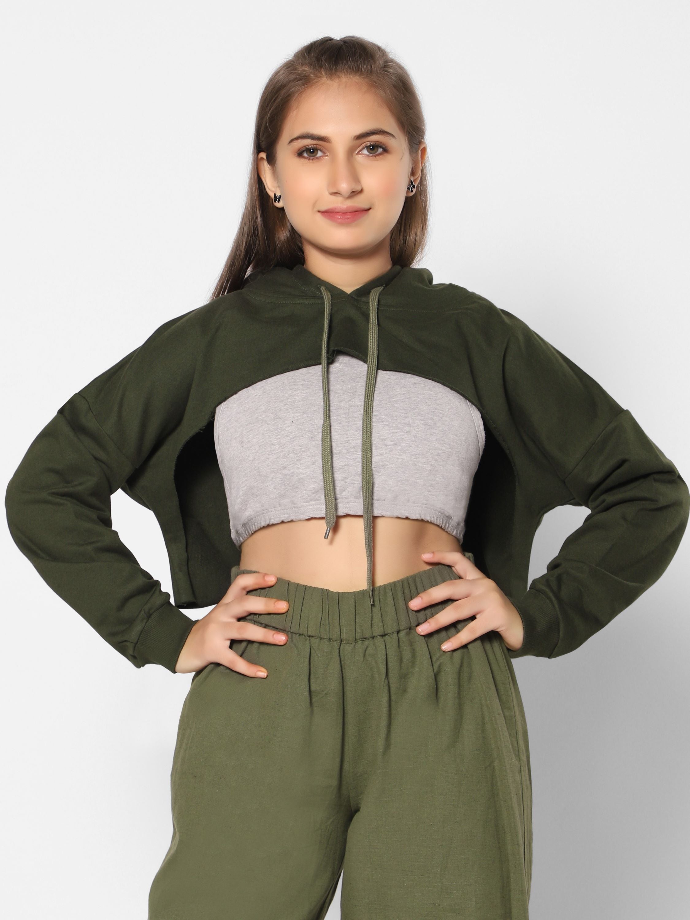 Crop Hoodie-Olive