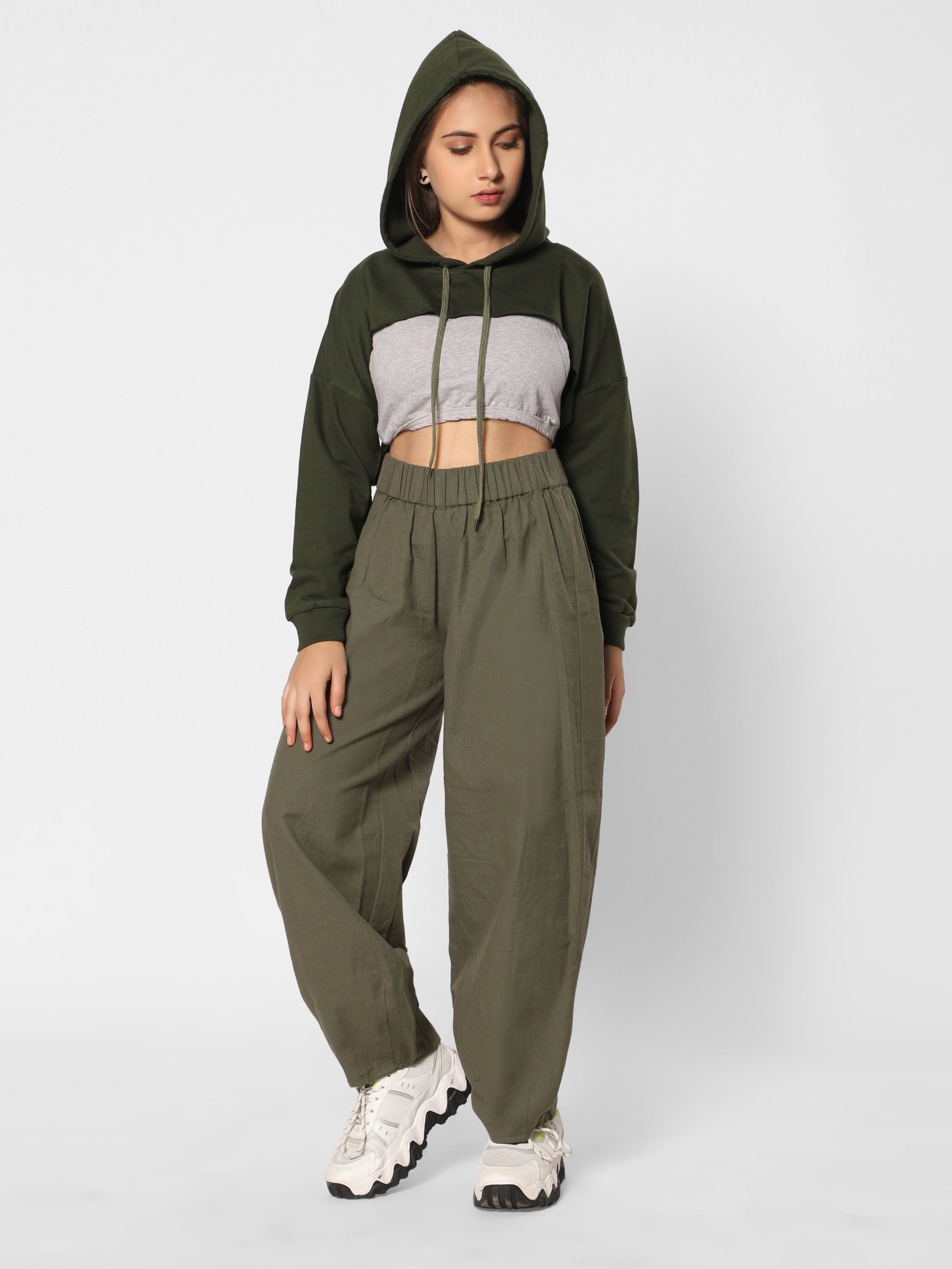 TeenTrums Girls Crop Hoodie-Olive