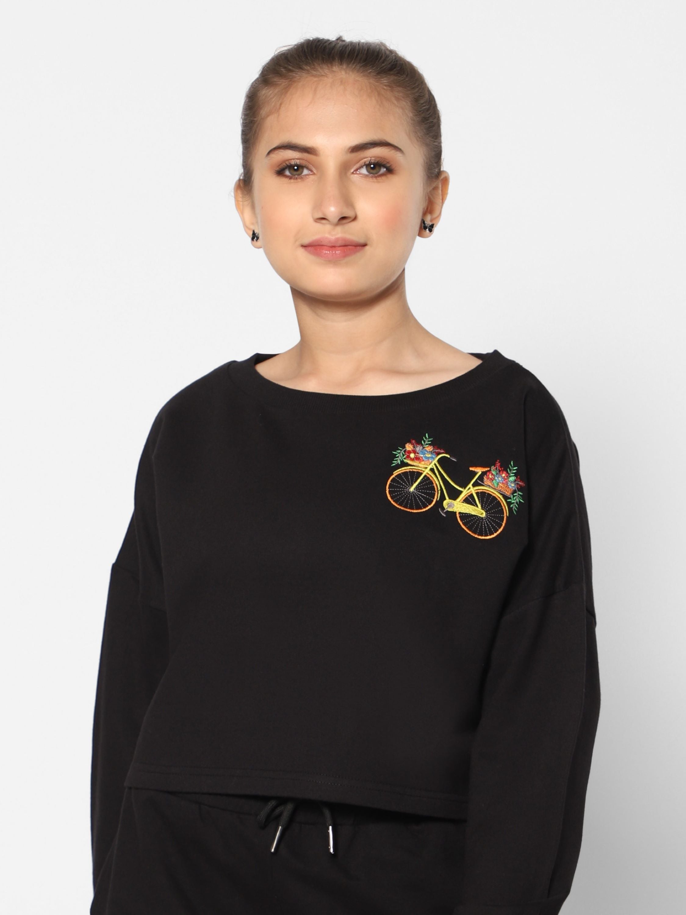 Sweat top-cycle embroidery-black