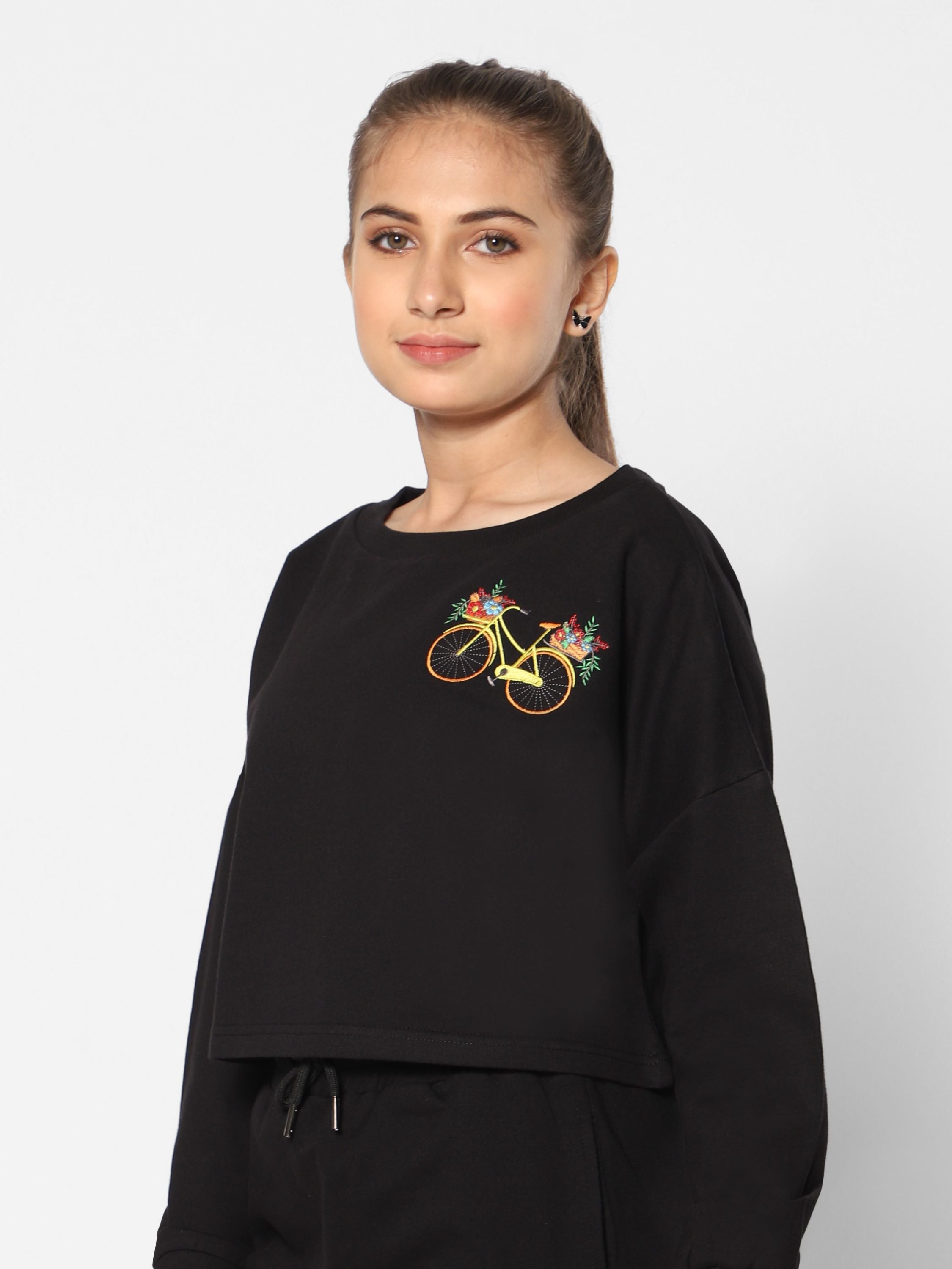 TeenTrums Girls Crop Sweat top - cycle embroidery - black