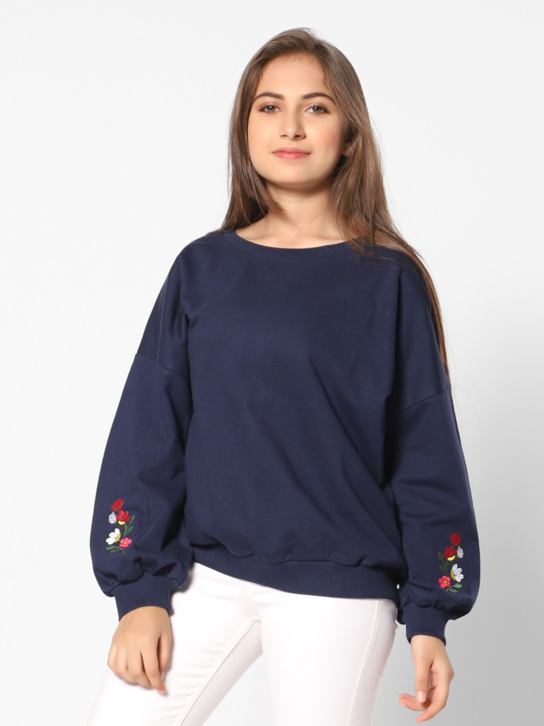 TeenTrums Girls Sweat top - flower on sleeves embroidery- Navy