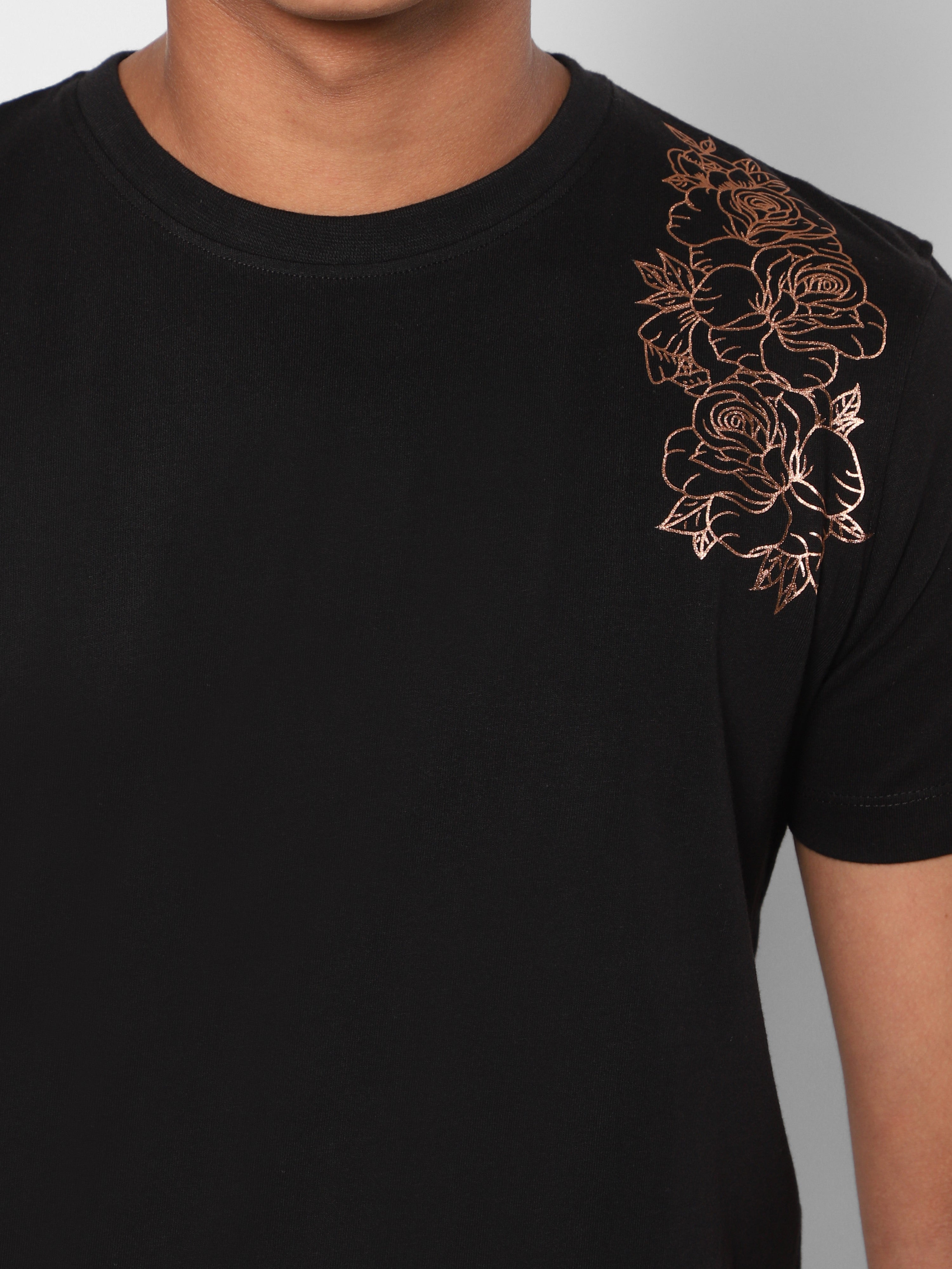 TeenTrums Regular Boys Graphic T-shirt Rose foil print- Black