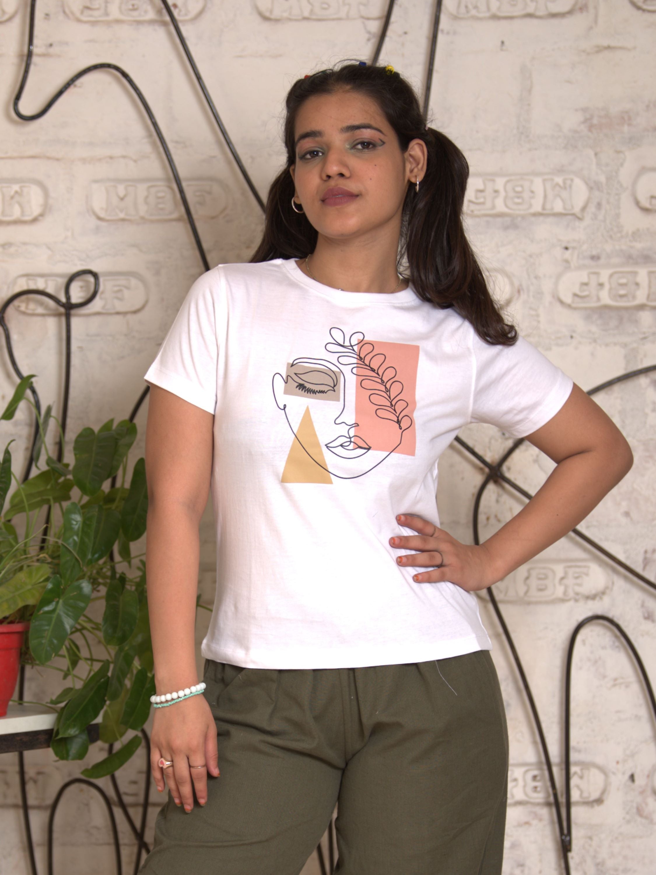 TeenTrums Girls Graphic T-shirt  line art- White