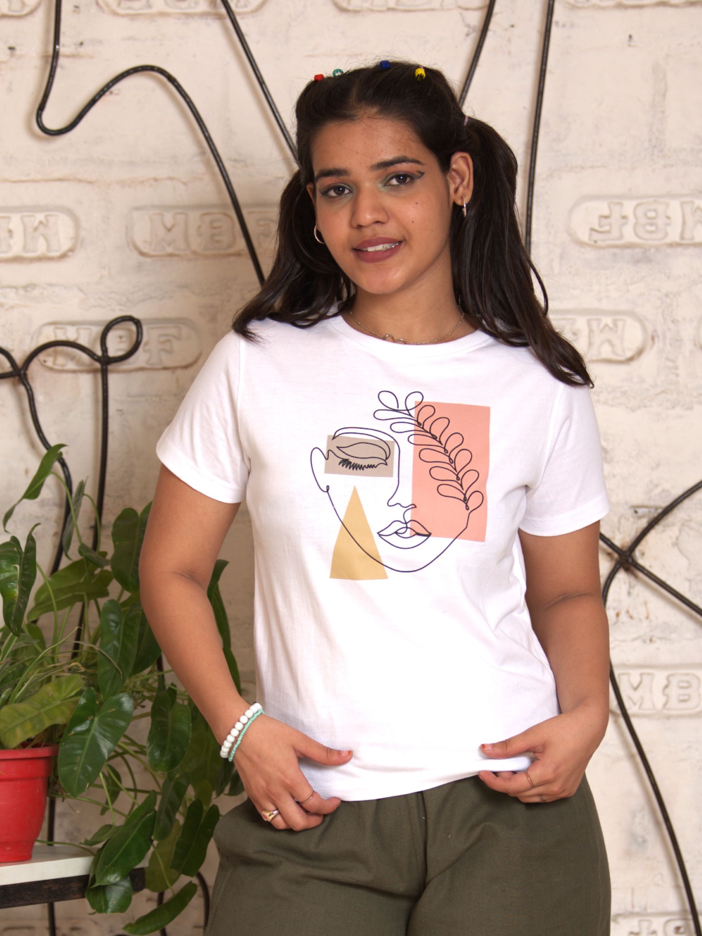 TeenTrums Girls Graphic T-shirt  line art- White