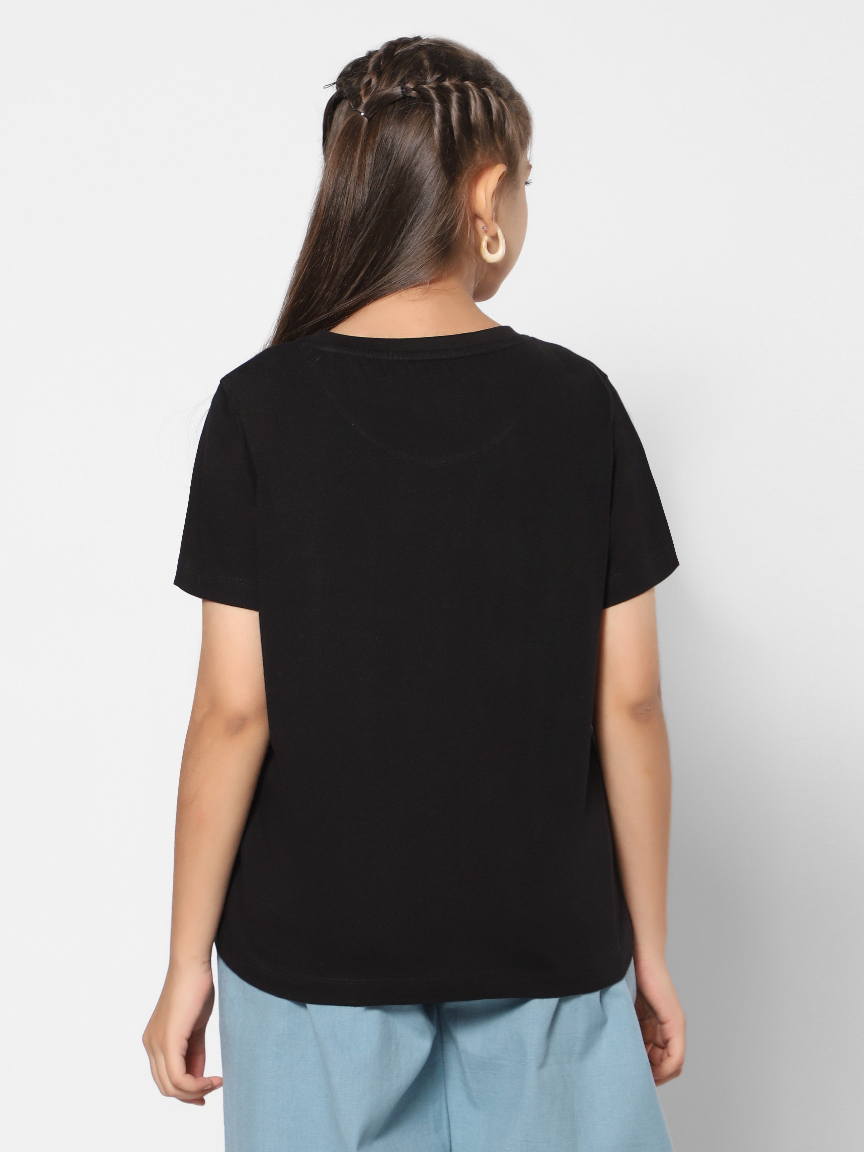 TeenTrums Pack of 3 - Girls Graphic Print Tee 100% Cotton T-Shirt Round Neck Half Sleeves-  Blue/ Black / White