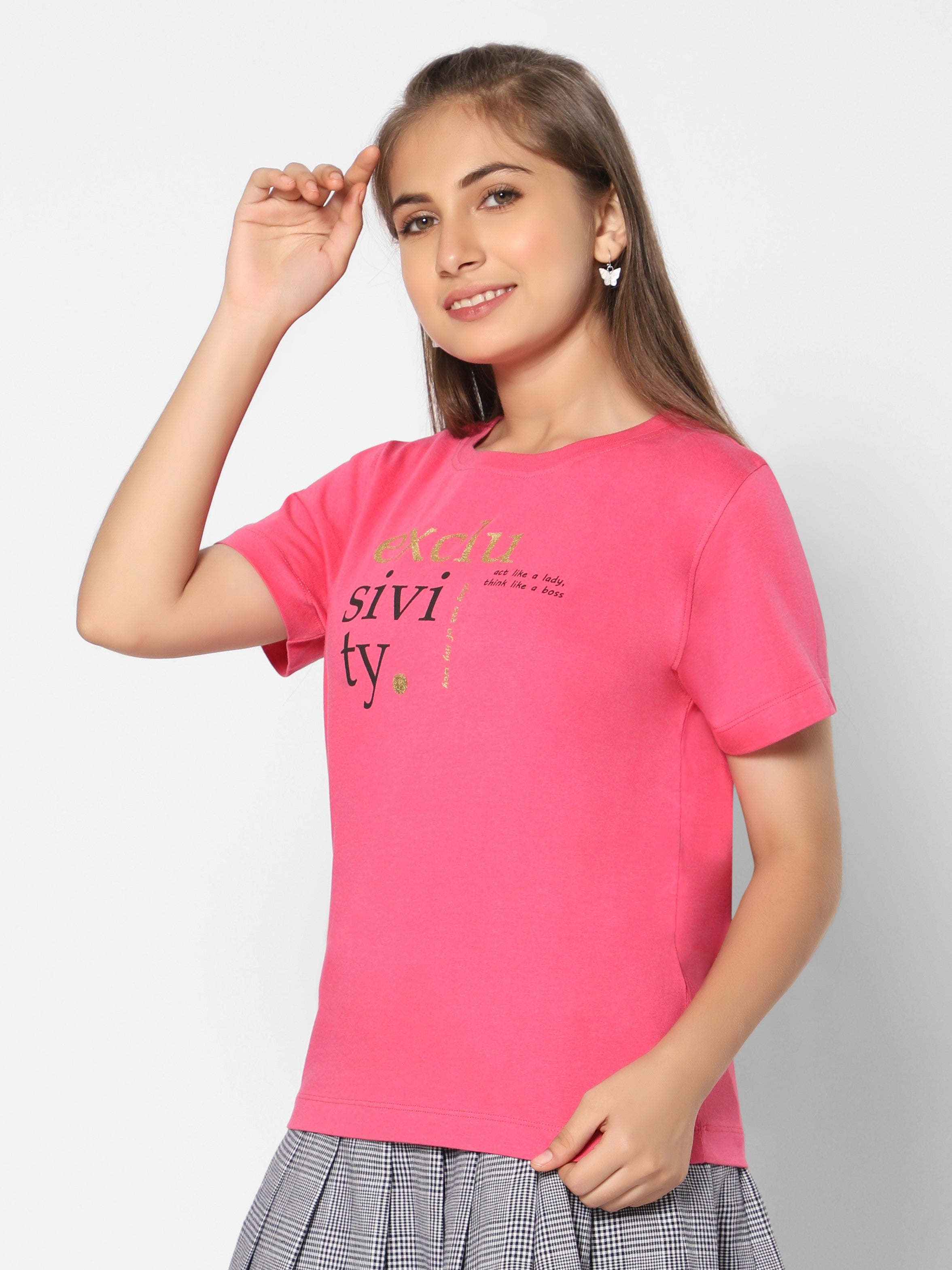 TeenTrums Pack of 3 - Girls Graphic Print Tee 100% Cotton T-Shirt Round Neck Half Sleeves-  Dark Pink / Dark Blue/ Pink