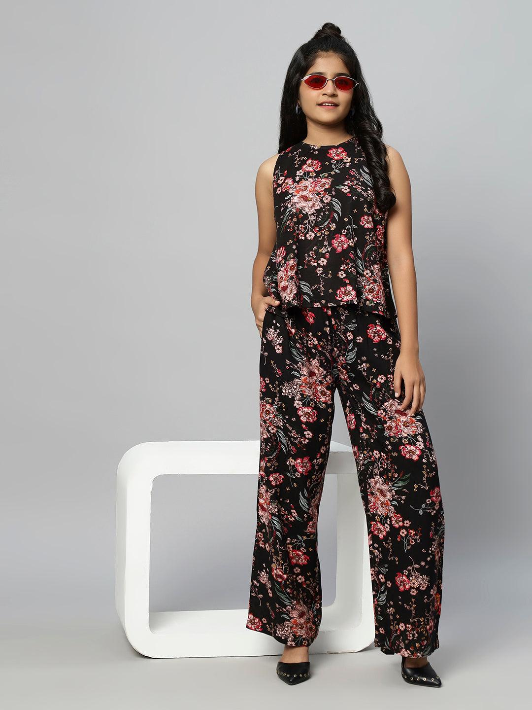 TeenTrums Girls Tropical Print Co-ord Set-Black