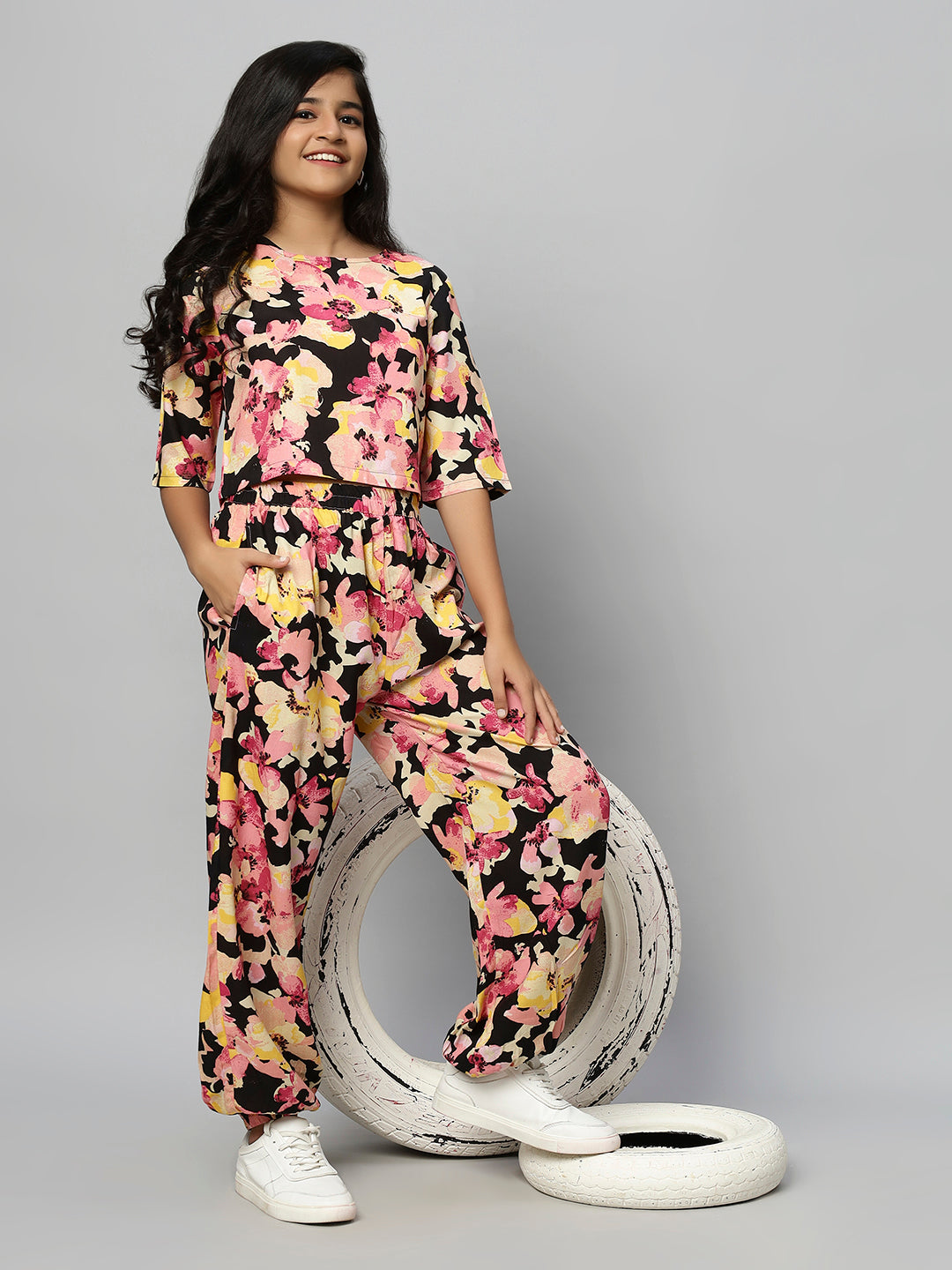 TeenTrums Girls Floral Abstract Print Co-ord Set-Black