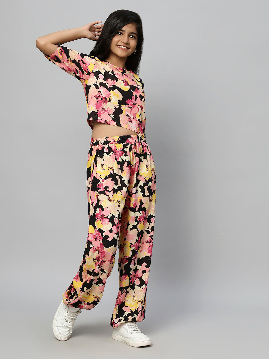 TeenTrums Girls Floral Abstract Print Co-ord Set-Black