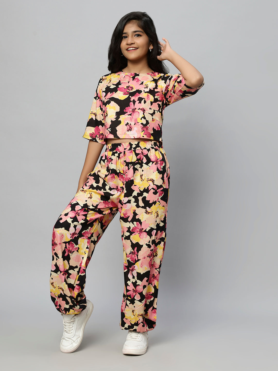 TeenTrums Girls Floral Abstract Print Co-ord Set-Black