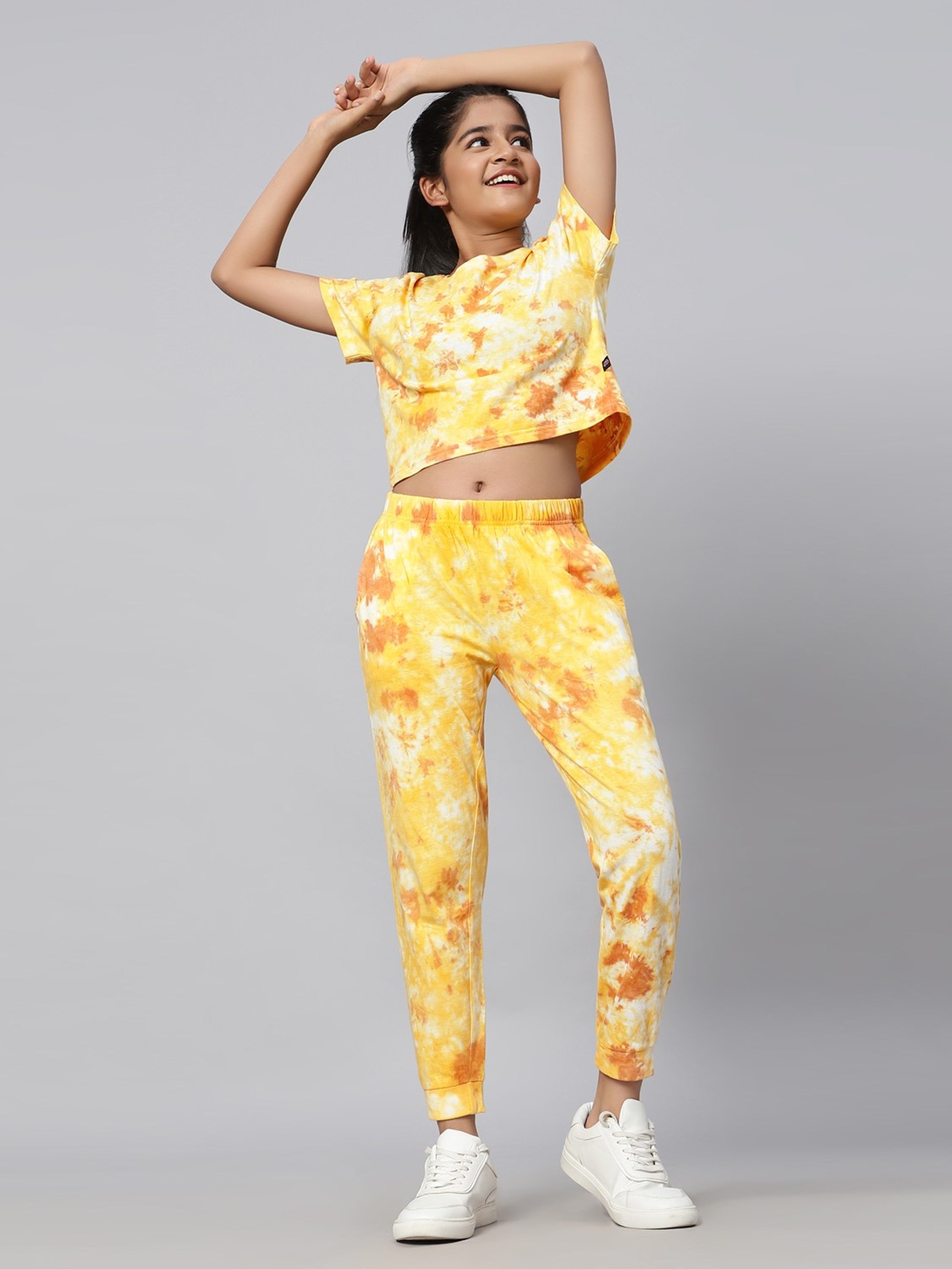 Girls Tie Dye Crop Top and Joggers Co-Ord Set (set of 2)-Yellow