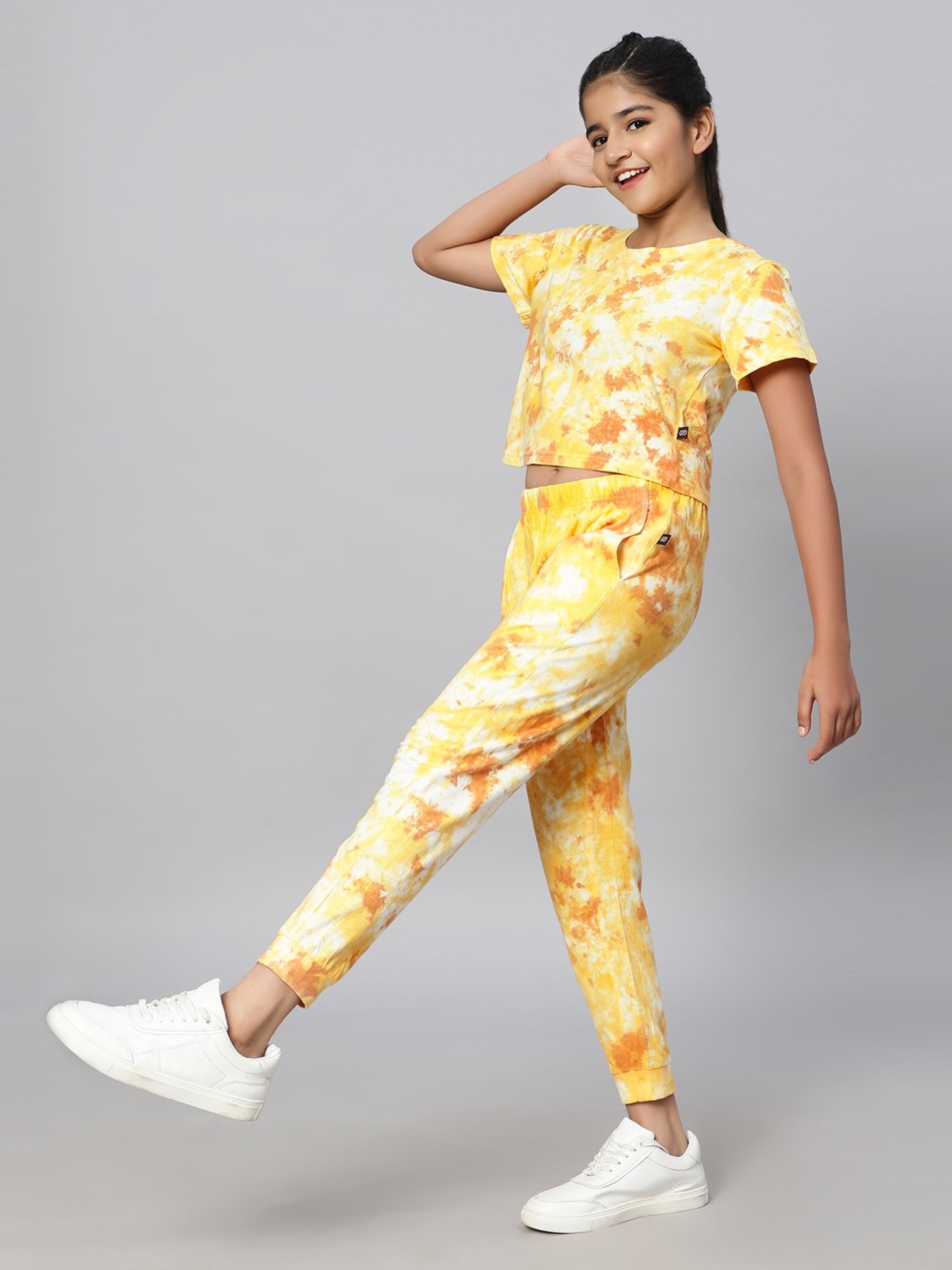 Girls Tie Dye Crop Top and Joggers Co-Ord Set (set of 2)-Yellow