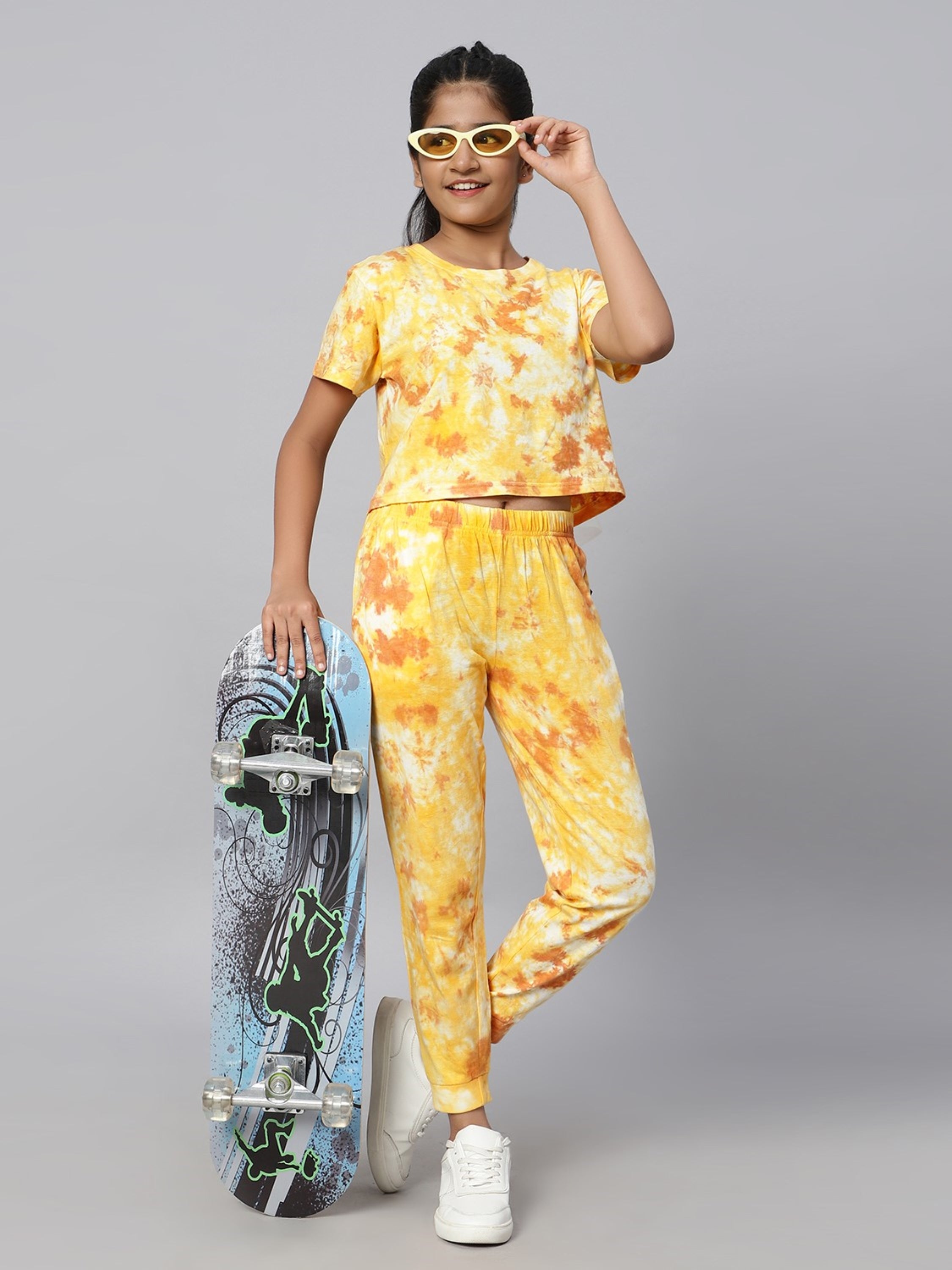 Girls Tie Dye Crop Top and Joggers Co-Ord Set (set of 2)-Yellow