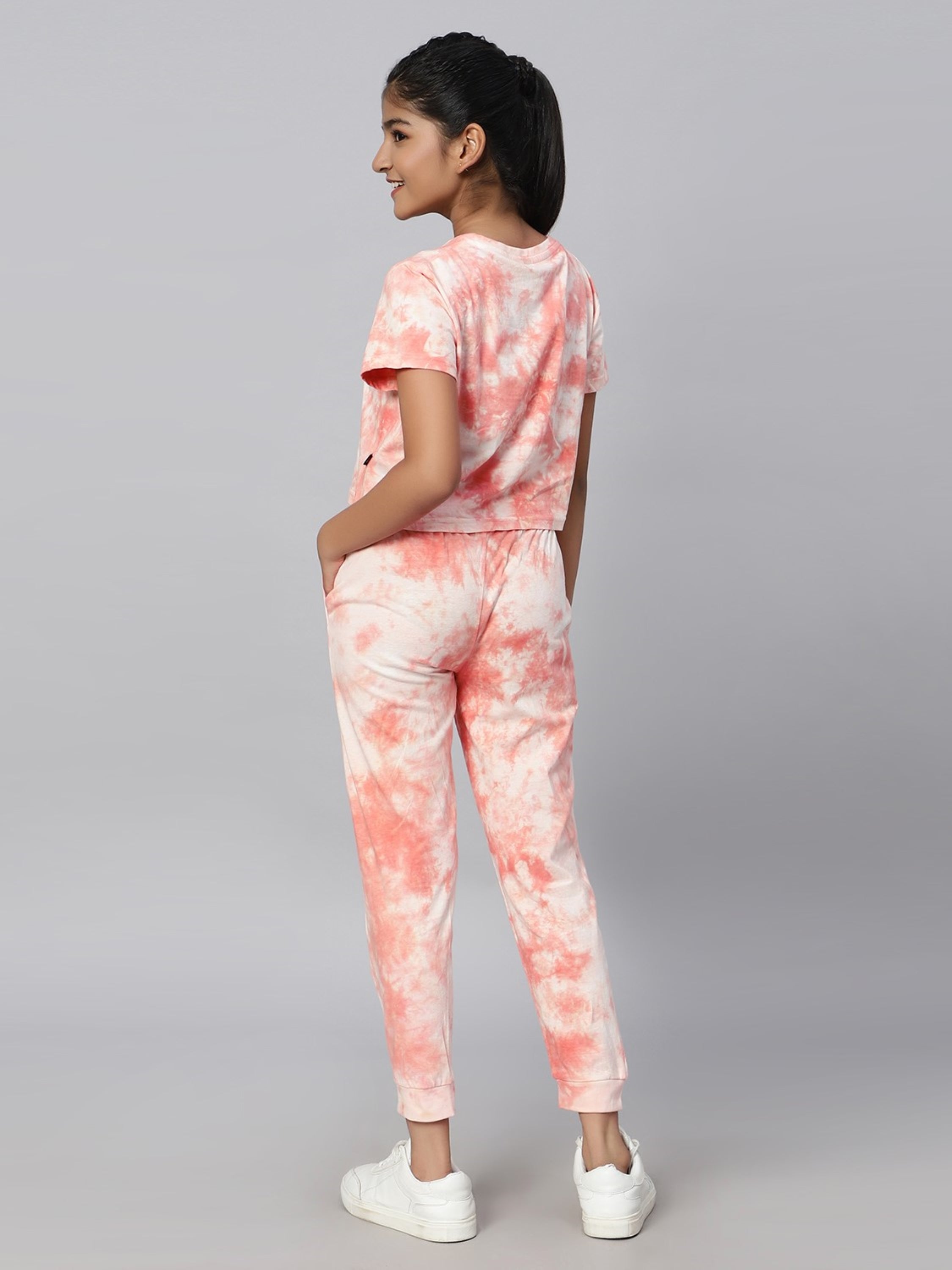 Girl Tie Dye Crop Top and Joggers Co-Ord Set (set of 2)- Peach