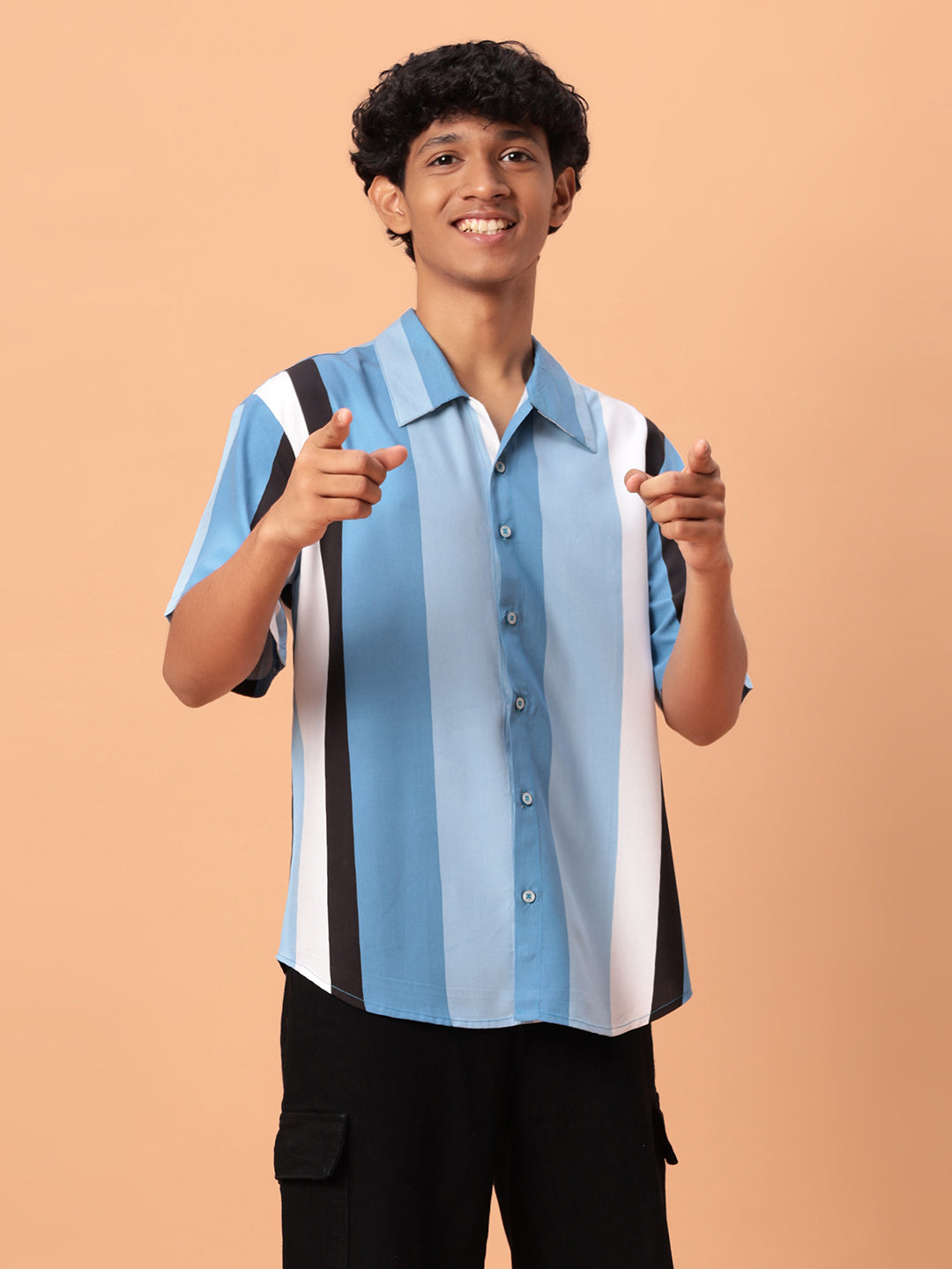 TeenTrums Boys 100% Cotton Multi stripe Short sleeve Oversized Shirt-Blue