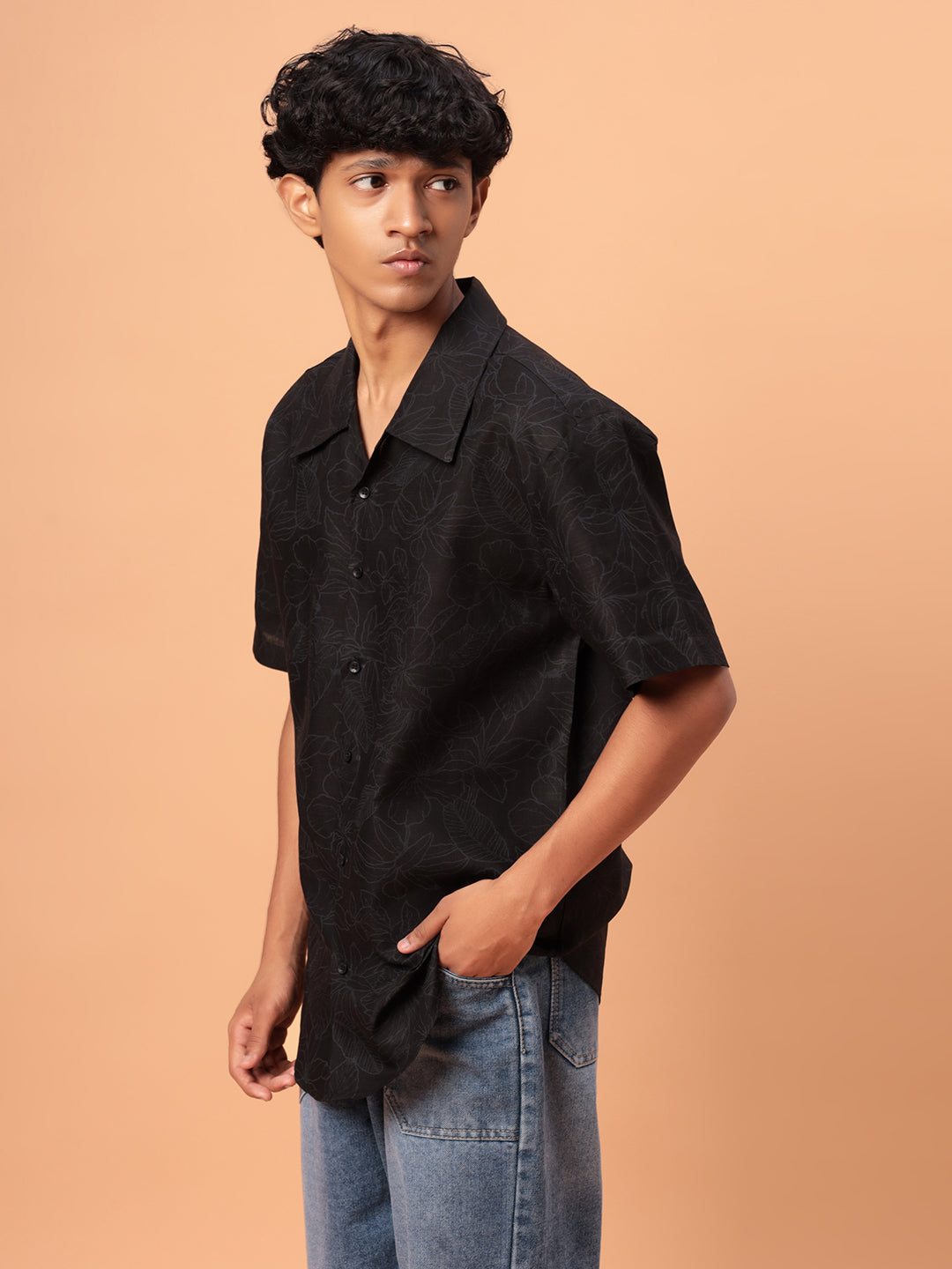 Shadow Print Short Sleeve Oversized Shirt -Black