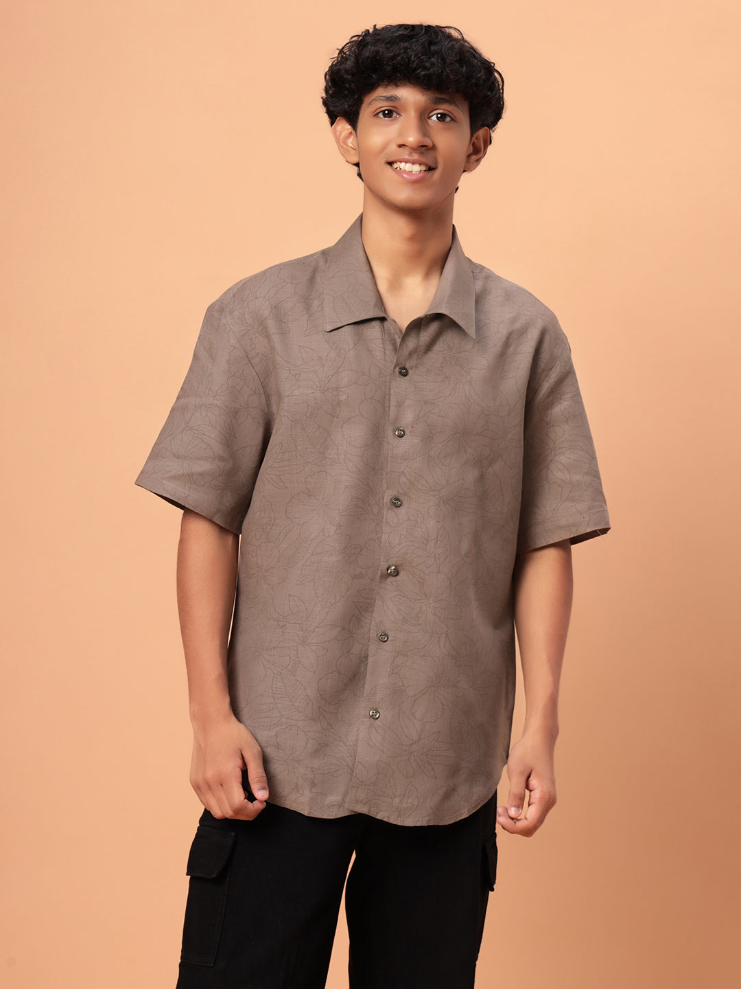 Shadow Print Oversized Shirt -Brown