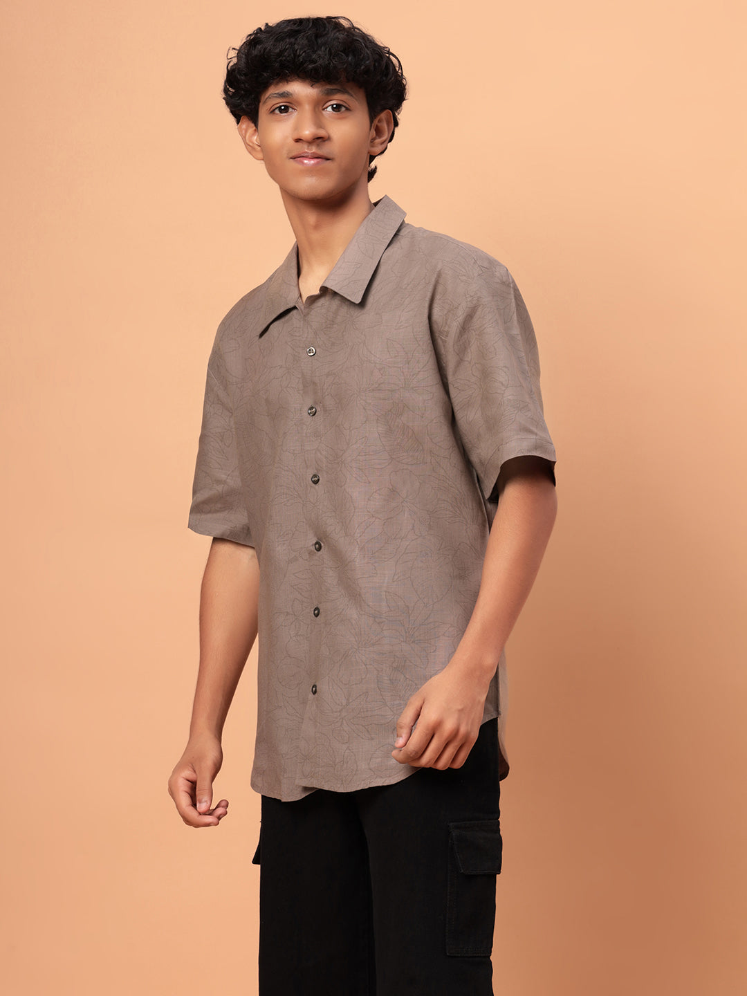 TeenTrums Boys 100% Cotton Shadow Print Short Sleeve Oversized Shirt -Brown