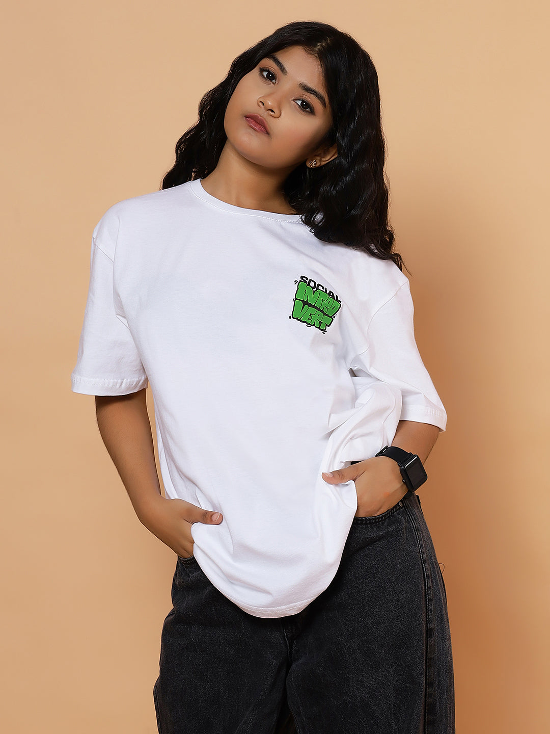 Girls Oversized Introvert Graphic T-shirt - White