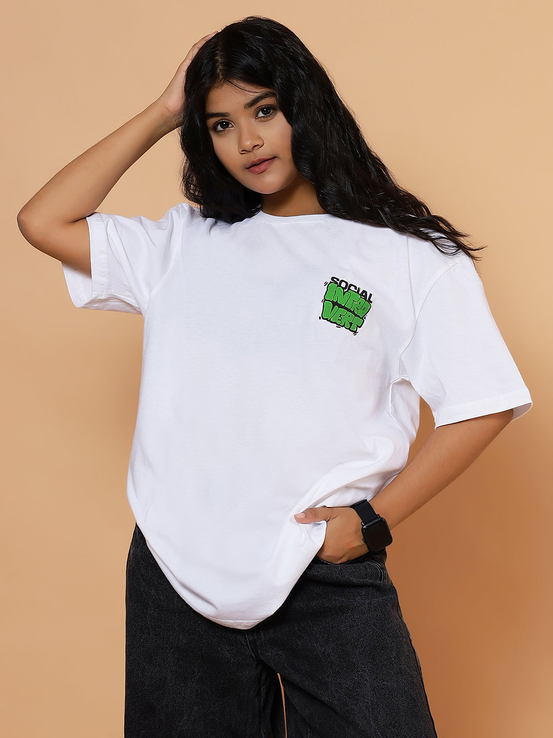 Girls Oversized Introvert Graphic T-shirt - White