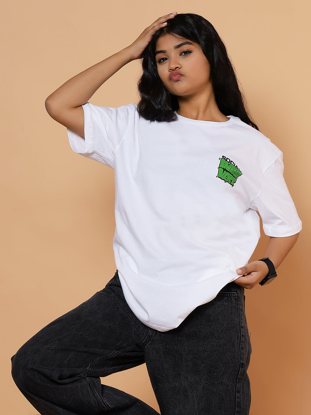 Girls Oversized Introvert Graphic T-shirt - White