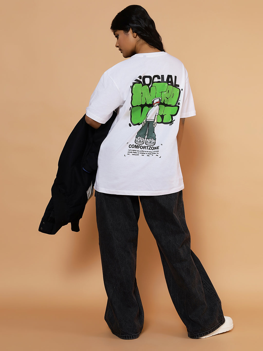 Girls Oversized Introvert Graphic T-shirt - White