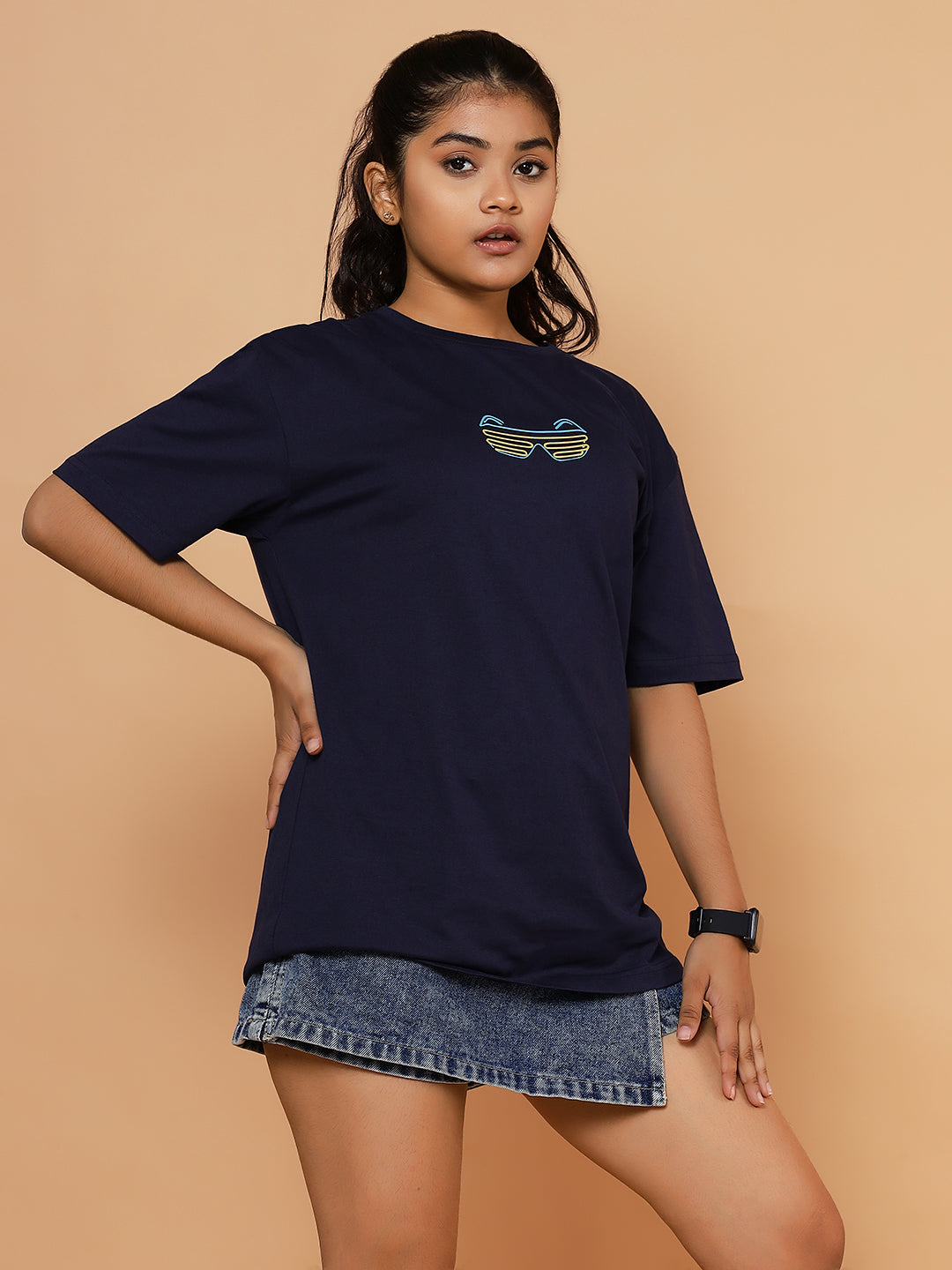 Girls Rider Graphic Oversized Tshirt - Navy
