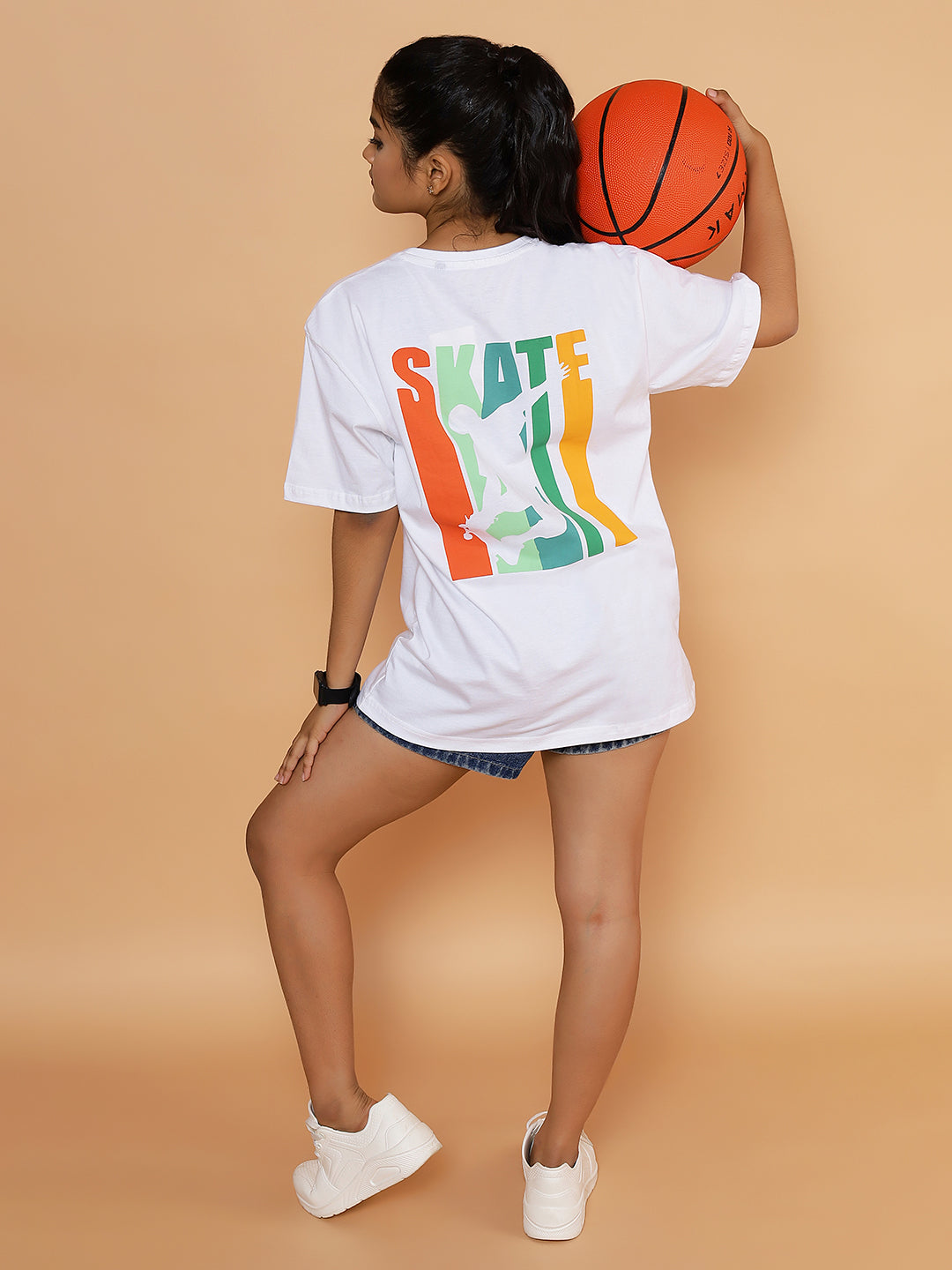 Girls Urban Skate Graphic Oversized Tshirt - White