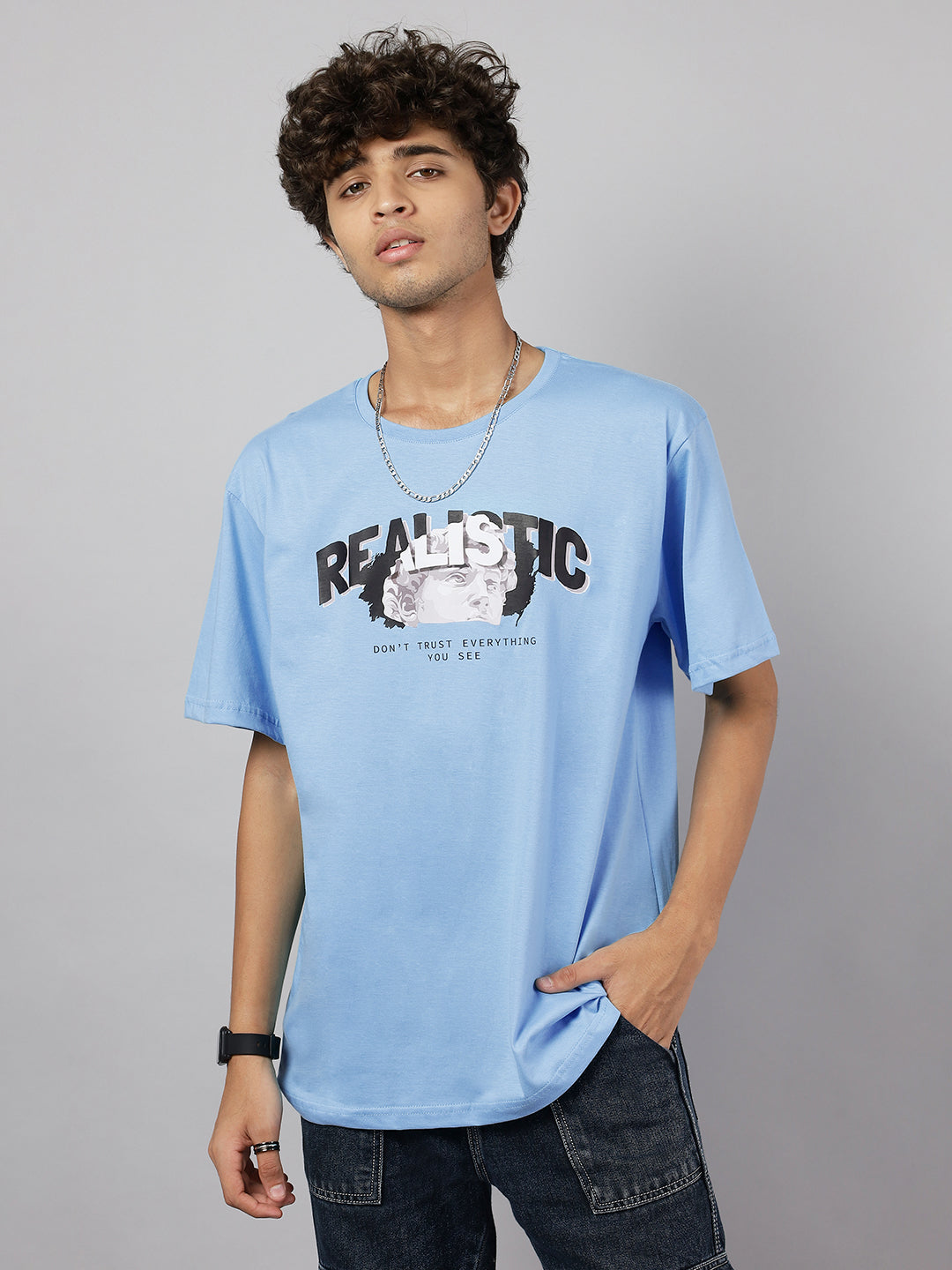 Boys Street Realistic Graphic Oversized Tshirt - Light Blue