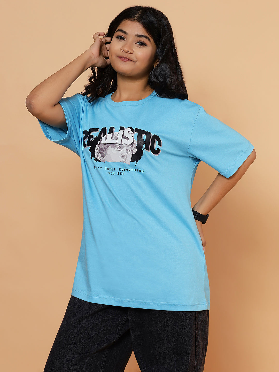 Girls Street Realistic Graphic Oversized Tshirt - Light Blue