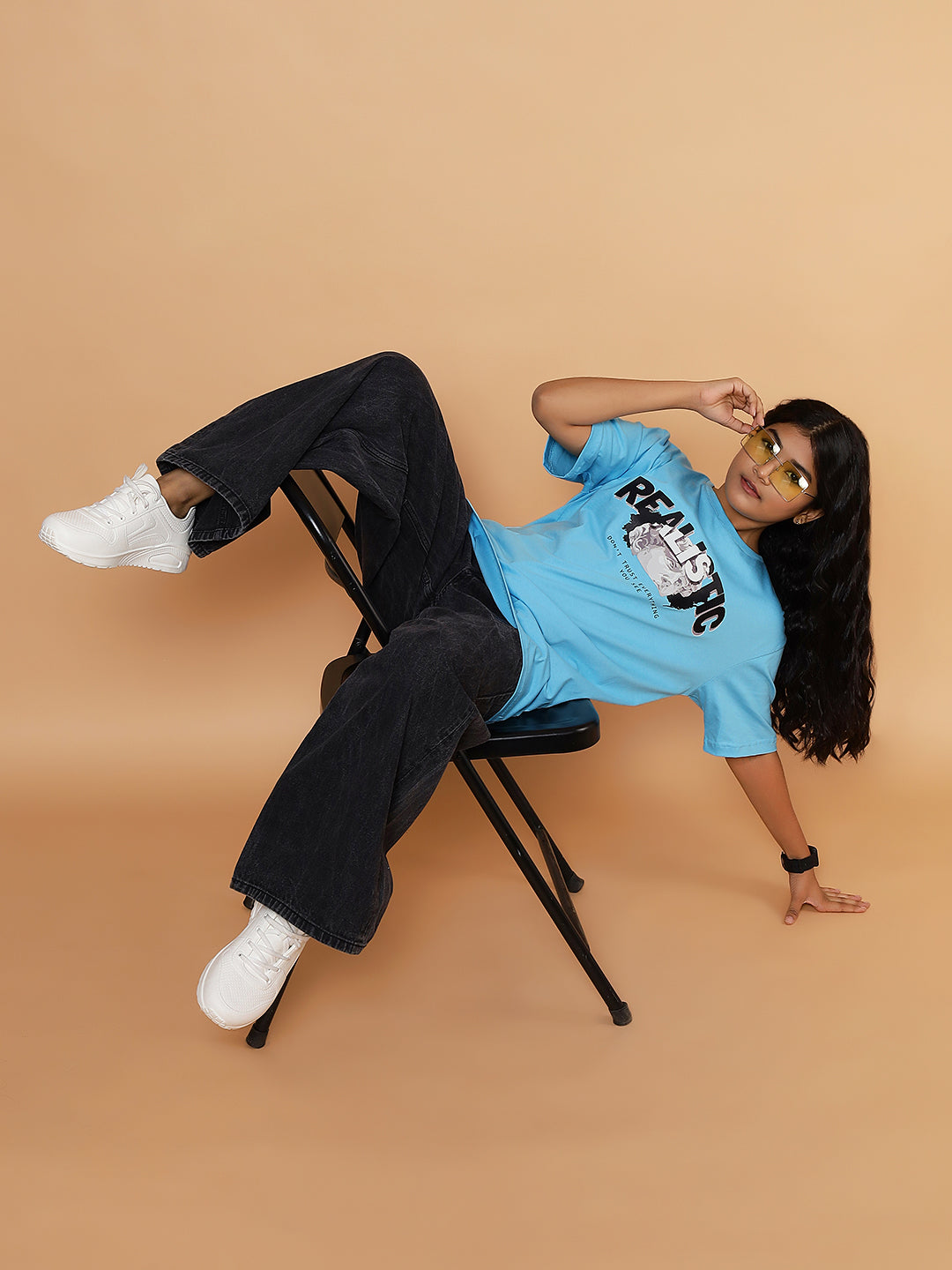 Girls Street Realistic Graphic Oversized Tshirt - Light Blue