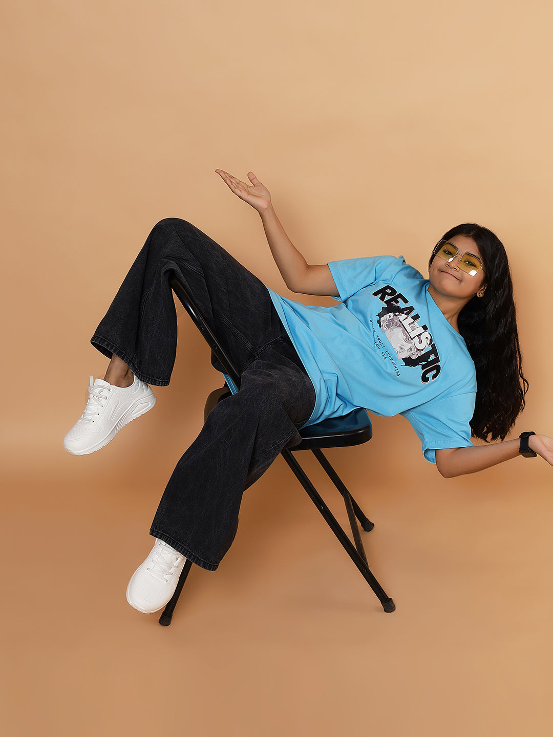 Girls Street Realistic Graphic Oversized Tshirt - Light Blue
