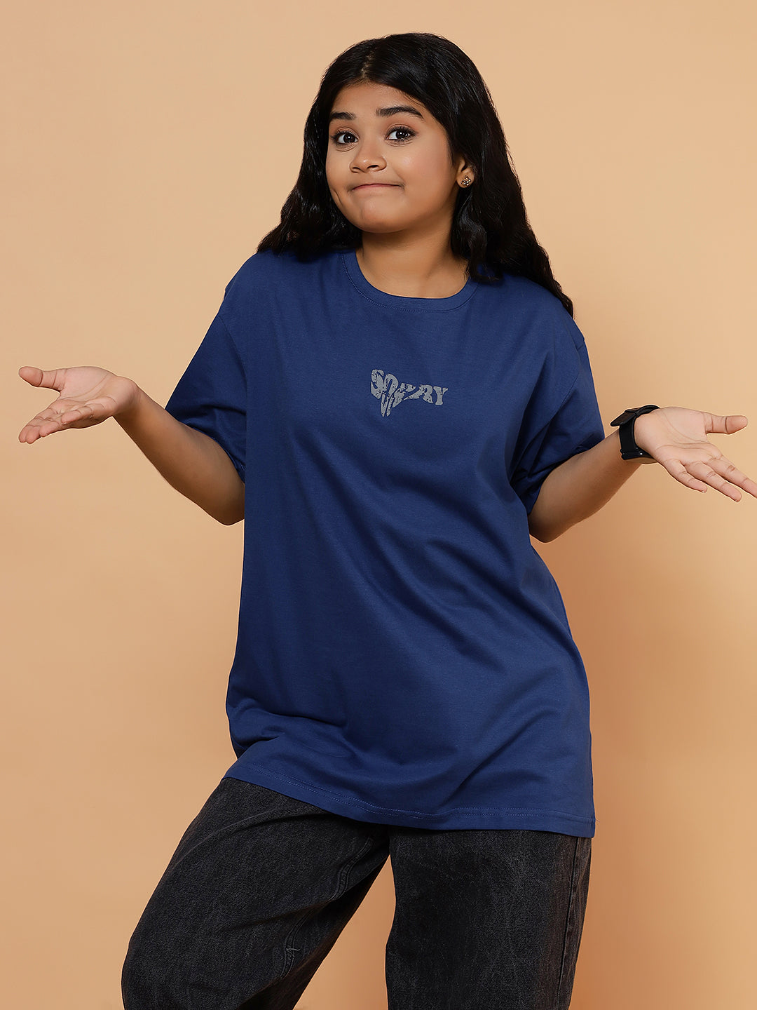 Girls Street Style Graphic Oversized Tshirt - Royal Blue