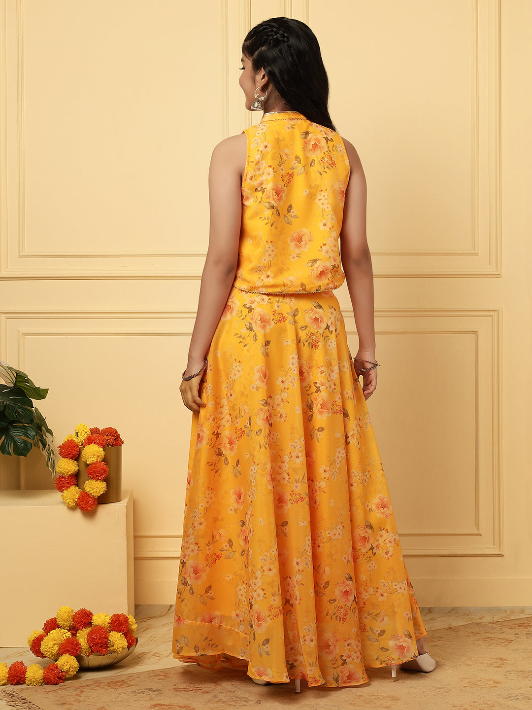 Girls Ethnic Floral Skirt and Top Set – Yellow